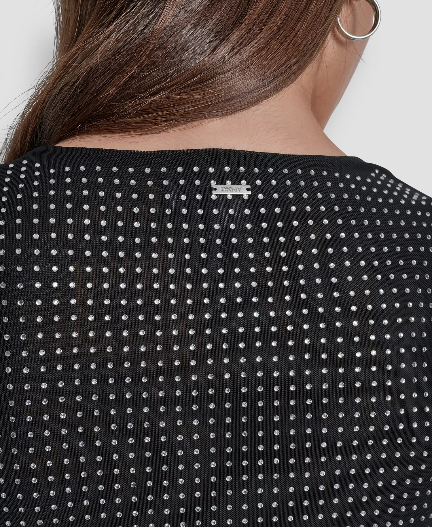 Women's Dome Studs Mesh Long Sleeve Dress - Black/Silver - L