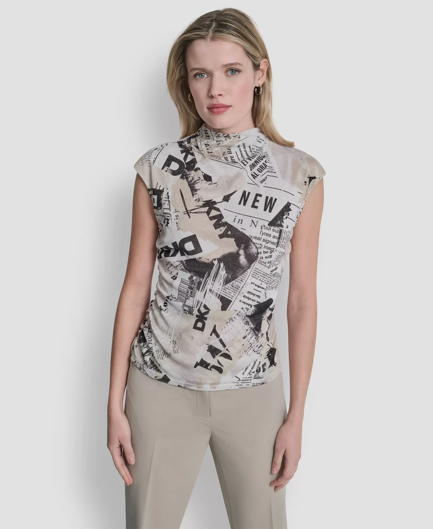 Women's Newspaper-Print Mock Neck Knit Mesh Top - Ivory/Black Multi - L