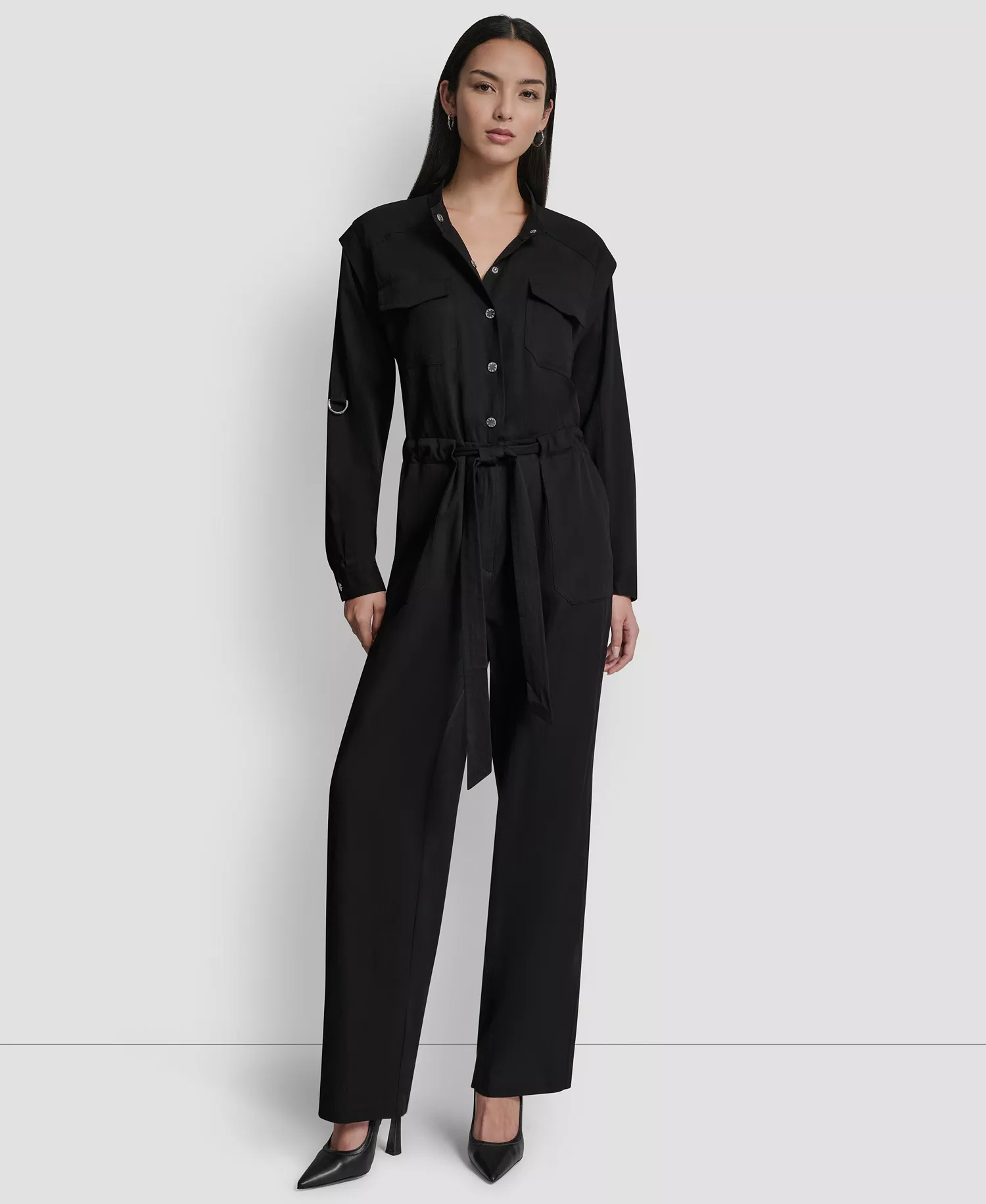 Women's Adjustable Waist Crewneck Jumpsuit - Black - L