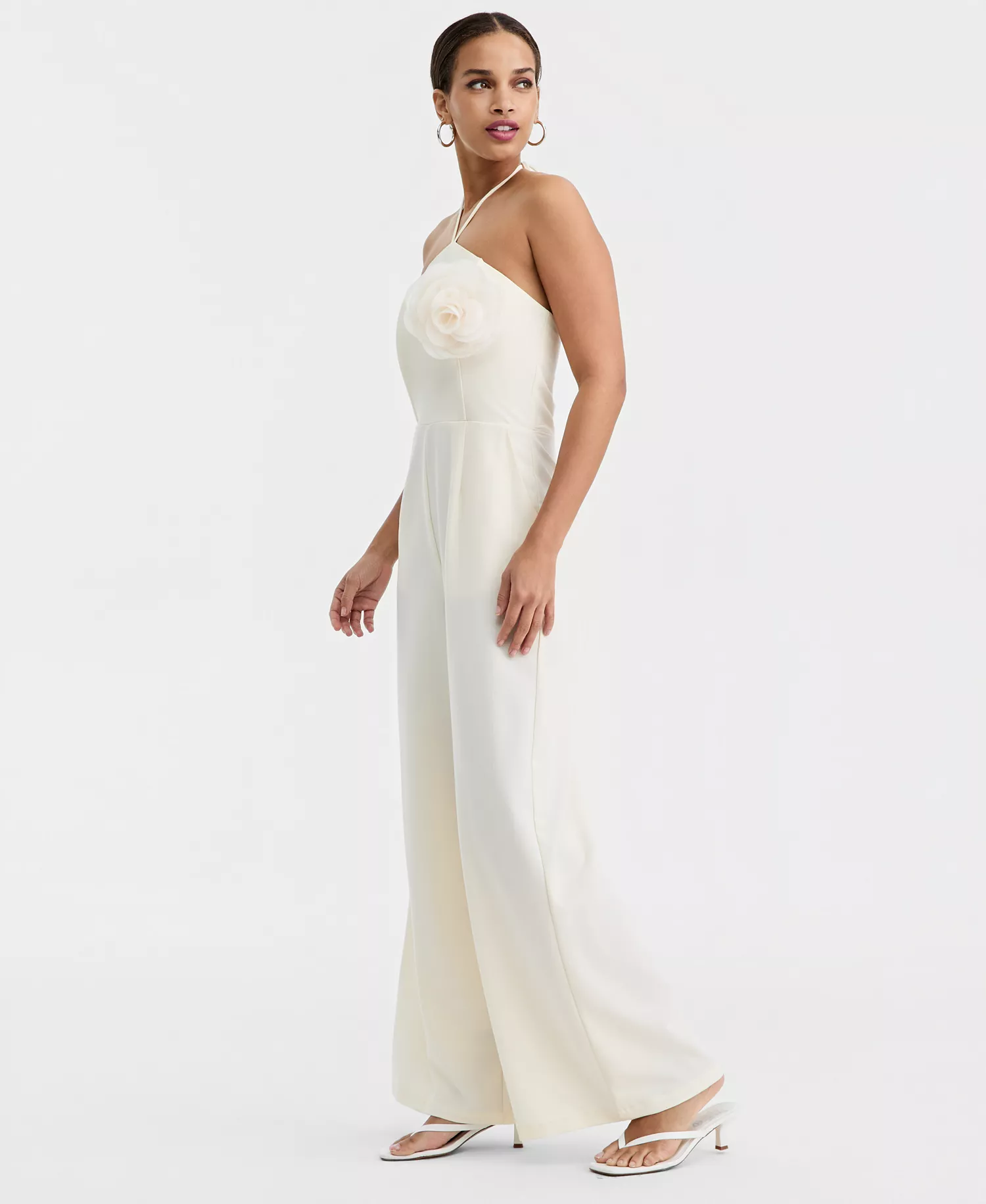 Women's Rosette Halter Neck Wide-Leg Jumpsuit, Macy's Exclusive - Eggnog - M