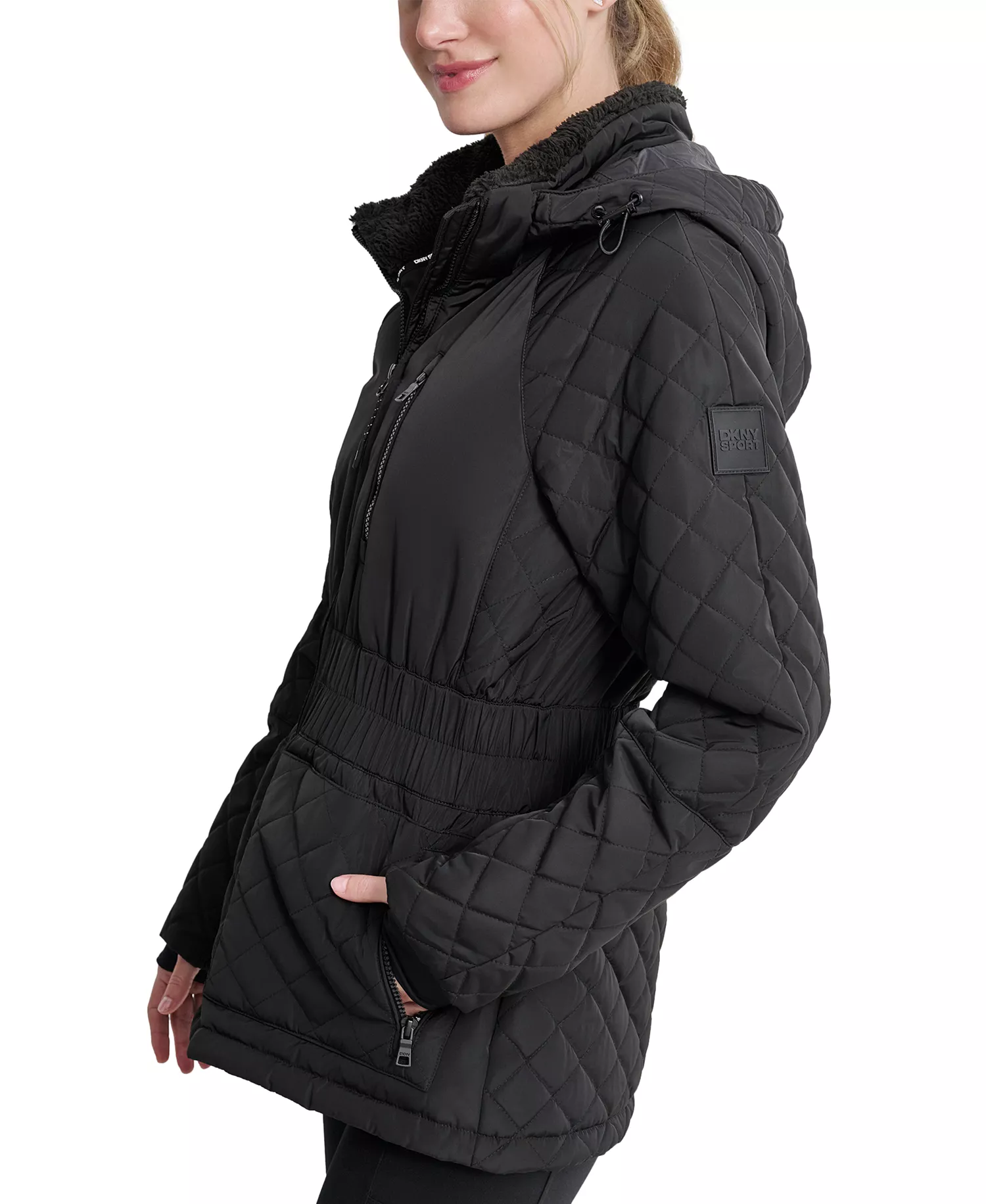 Women's Quilted Elastic-Waist Hooded Zipper Jacket - Black - L