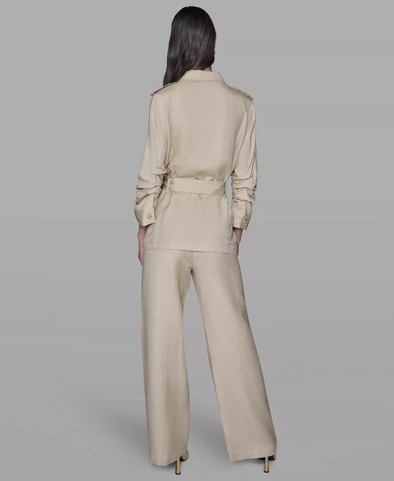 Women's Collared Linen-Blend Belted Jacket - Desert Sand Multi - L