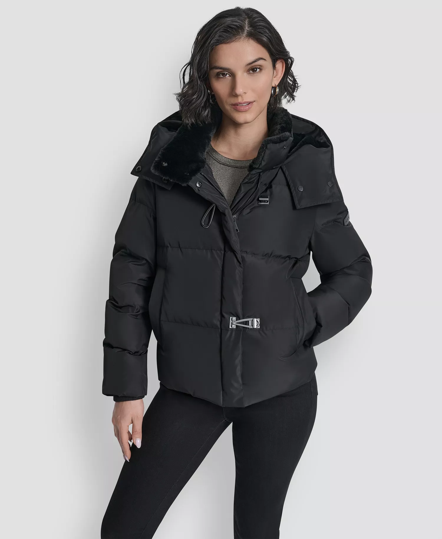 Women's Shirt Toggle Hooded Puffer Coat - Black - L