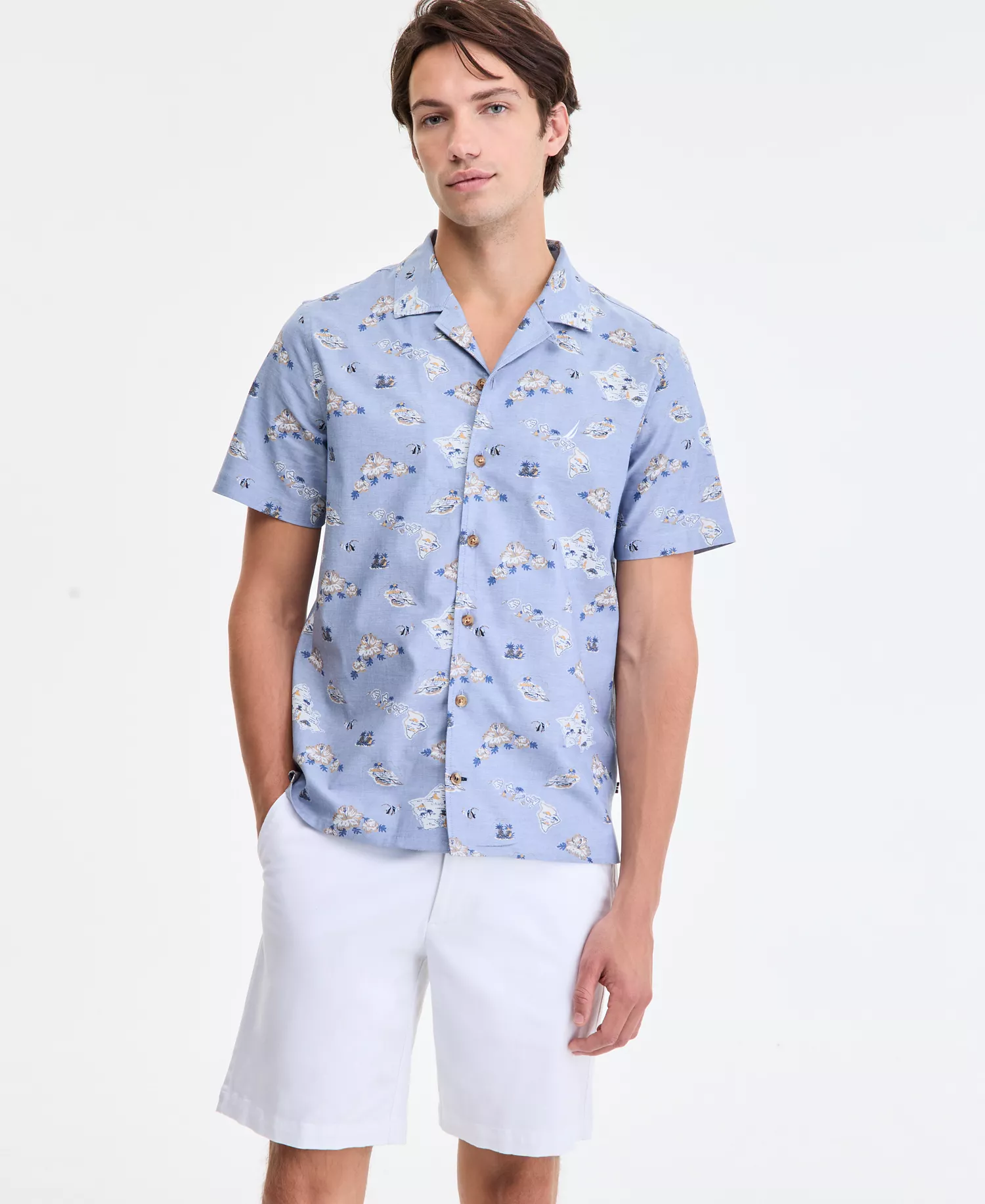 Men's Classic-Fit Printed Button-Down Camp Shirt - Moonlight Blue - 2XL