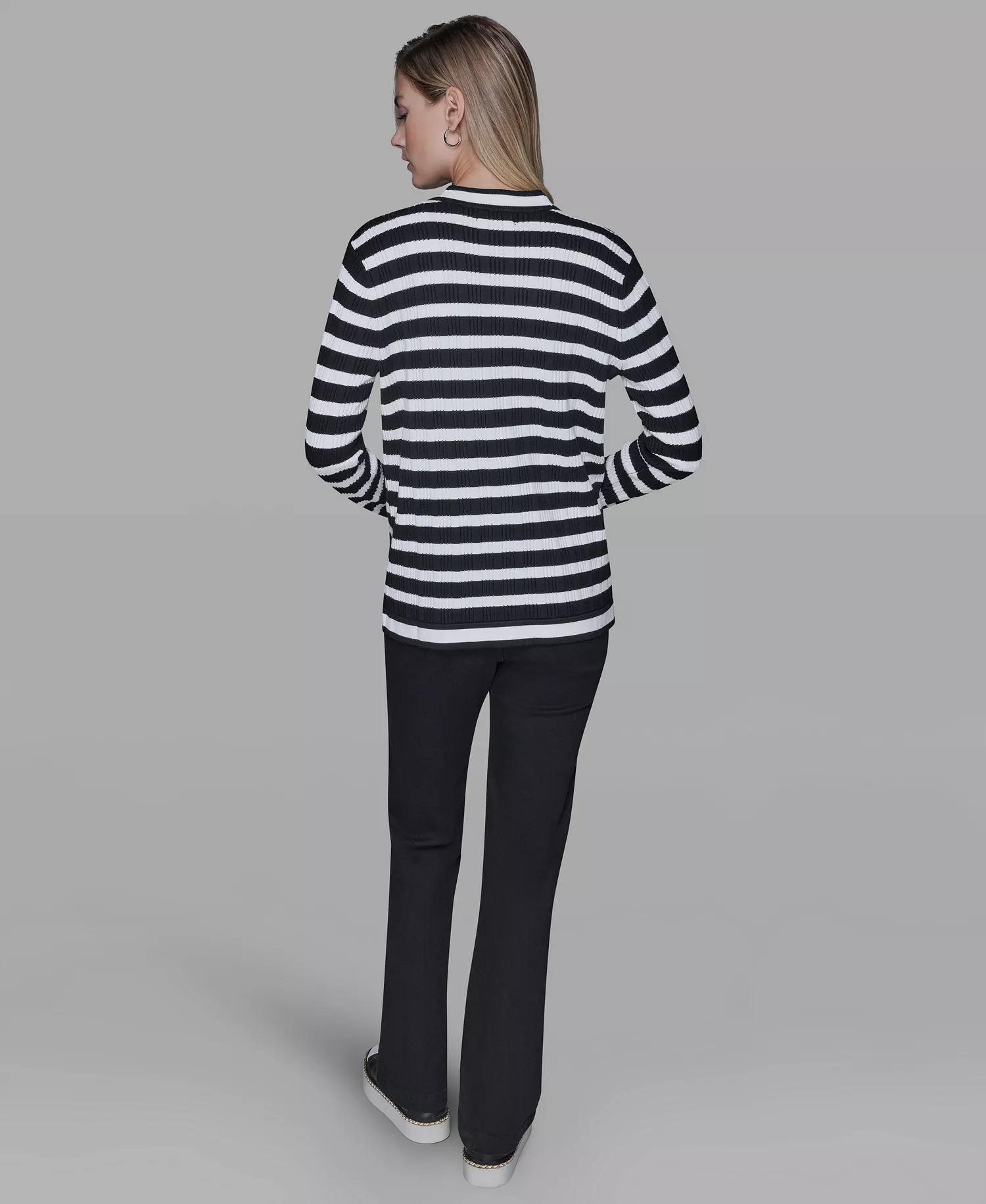Petite Striped Long-Sleeve Cardigan Sweater - Black/Soft White - P/L
