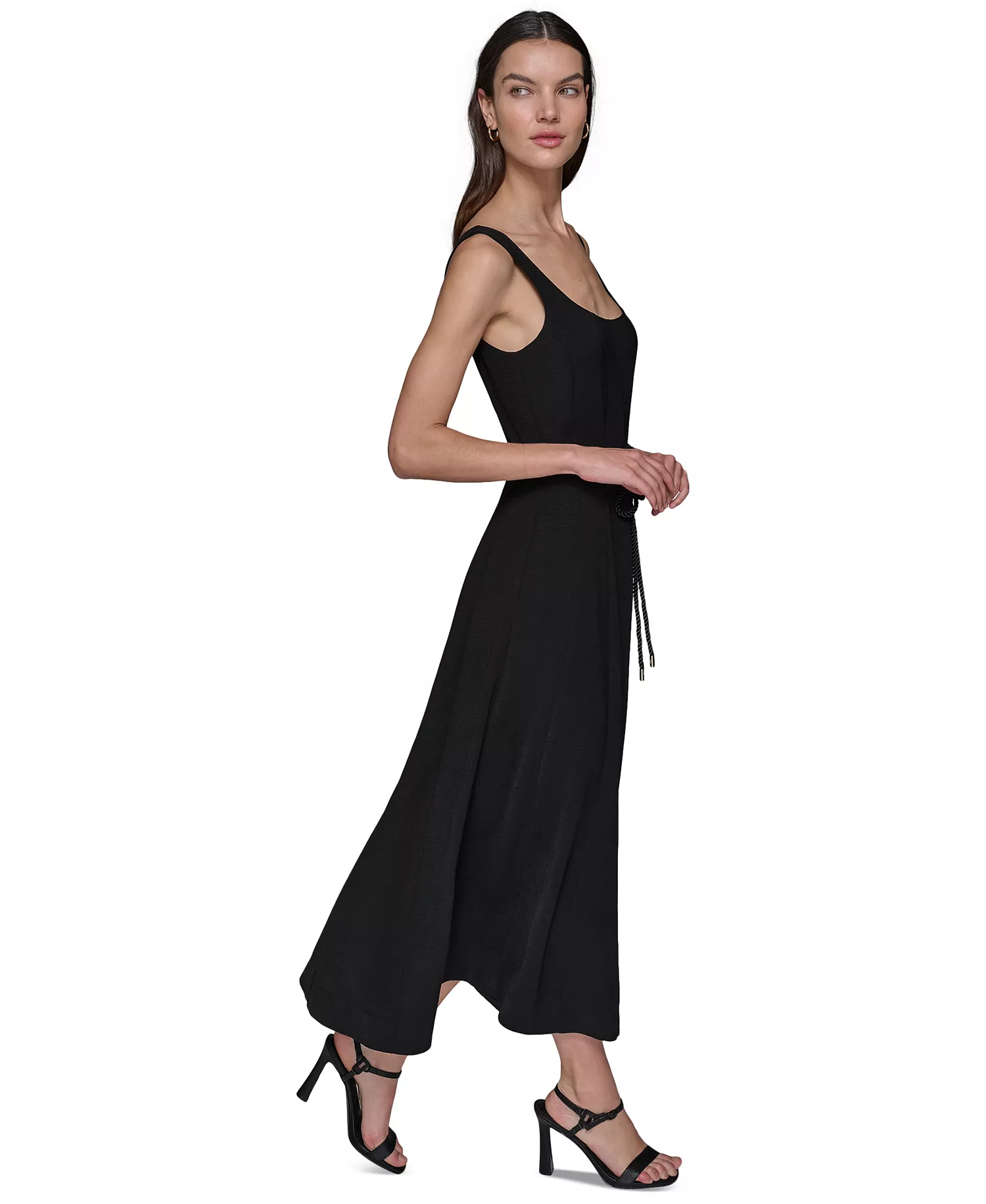 Women's Scoop-Neck Belted Sleeveless Midi Dress - Black - 0