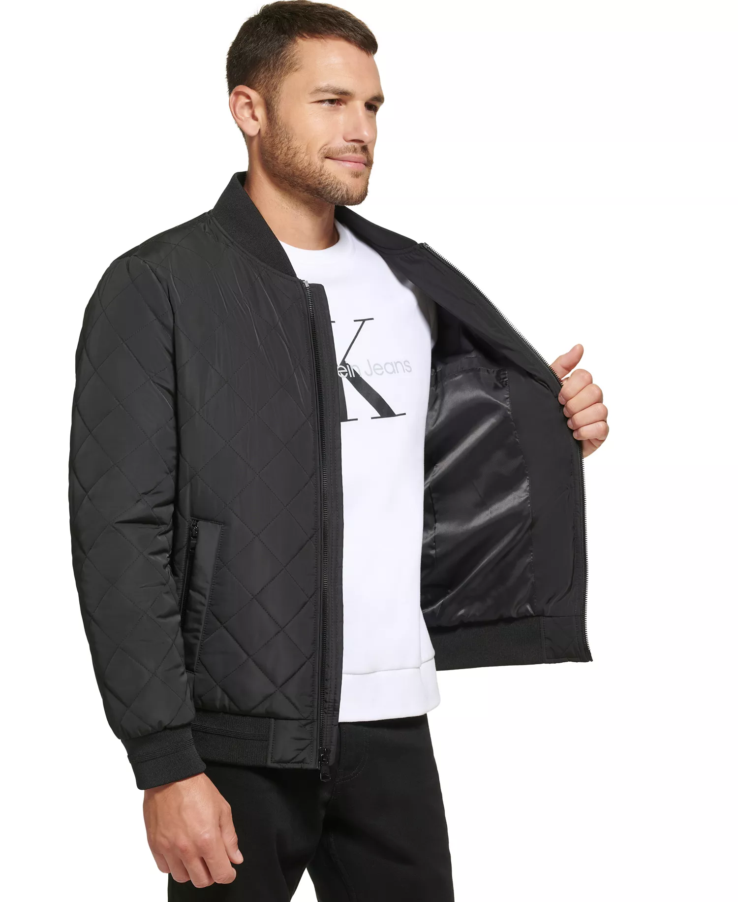 Men's Quilted Baseball Jacket with Rib-Knit Trim - Black - 2XL