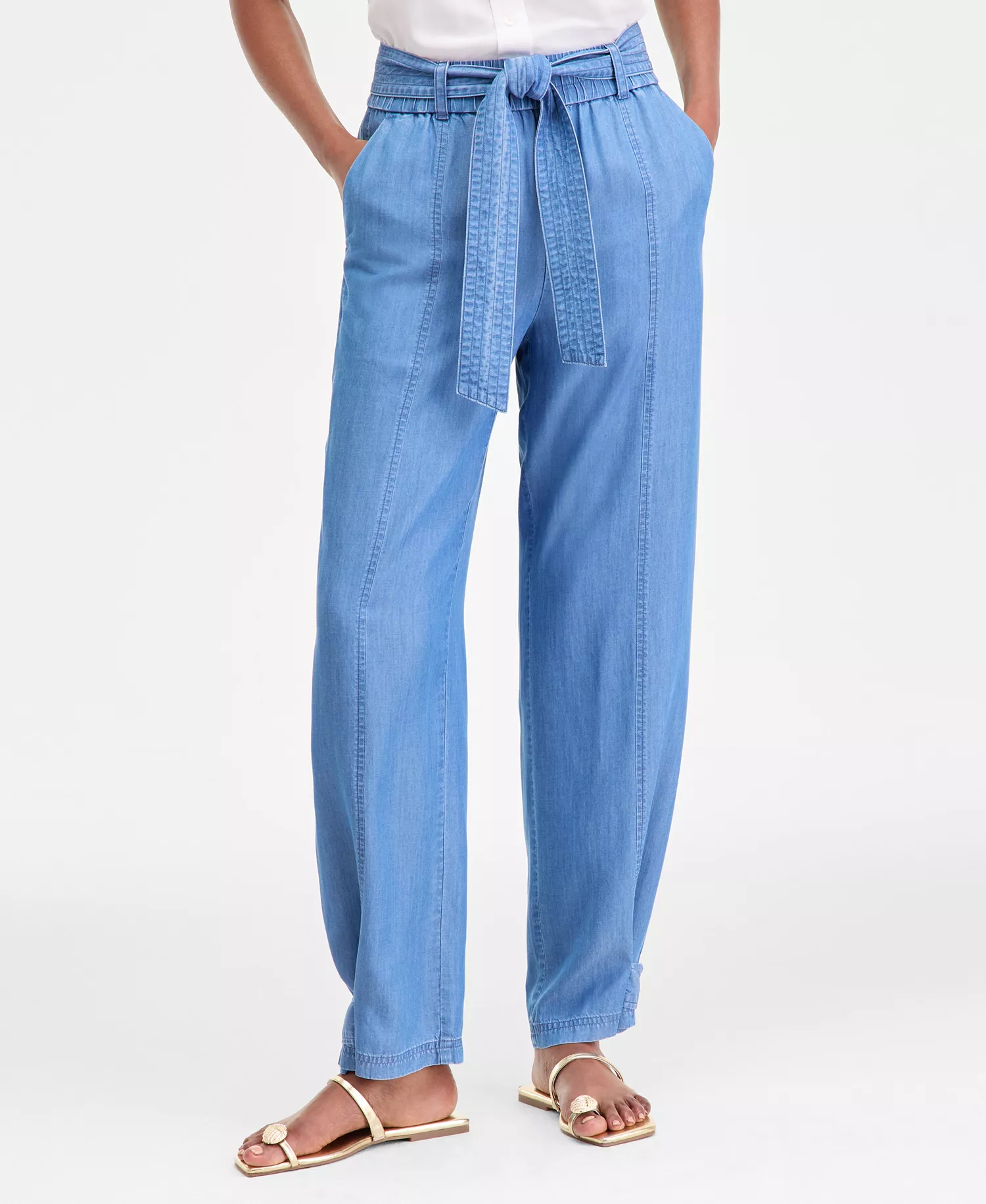 Women's Tie-Waist Chambray Pants, Macy's Exclusive - Medium Indigo - L