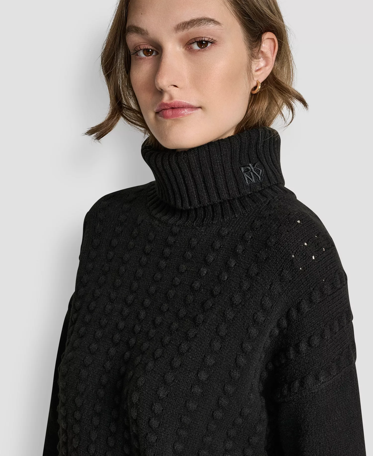 Women's Turtle Neck Bobble Stitch Long Sleeve Sweater - Black - L