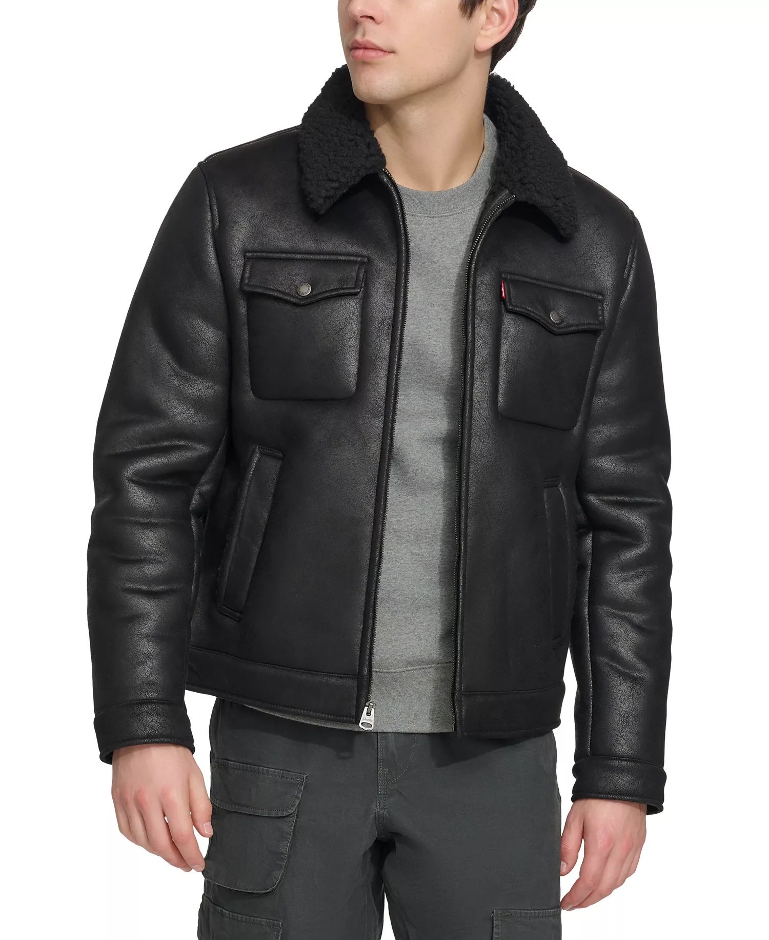 Men's Faux-Shearling Full-Zip Trucker Jacket - Black - L