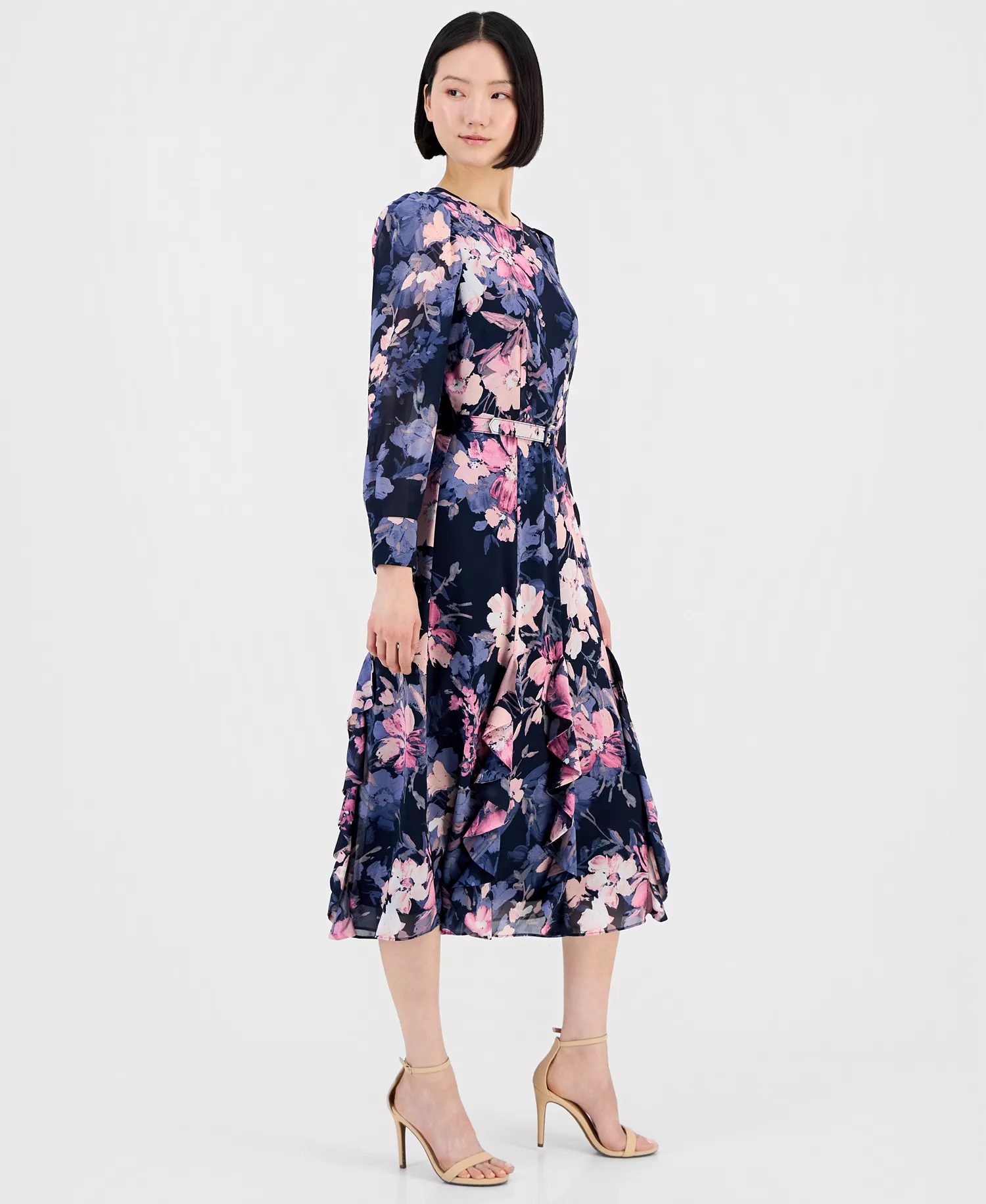 Women's Floral Long-Sleeve Ruffled Dress - Navy Peri Floral - 10
