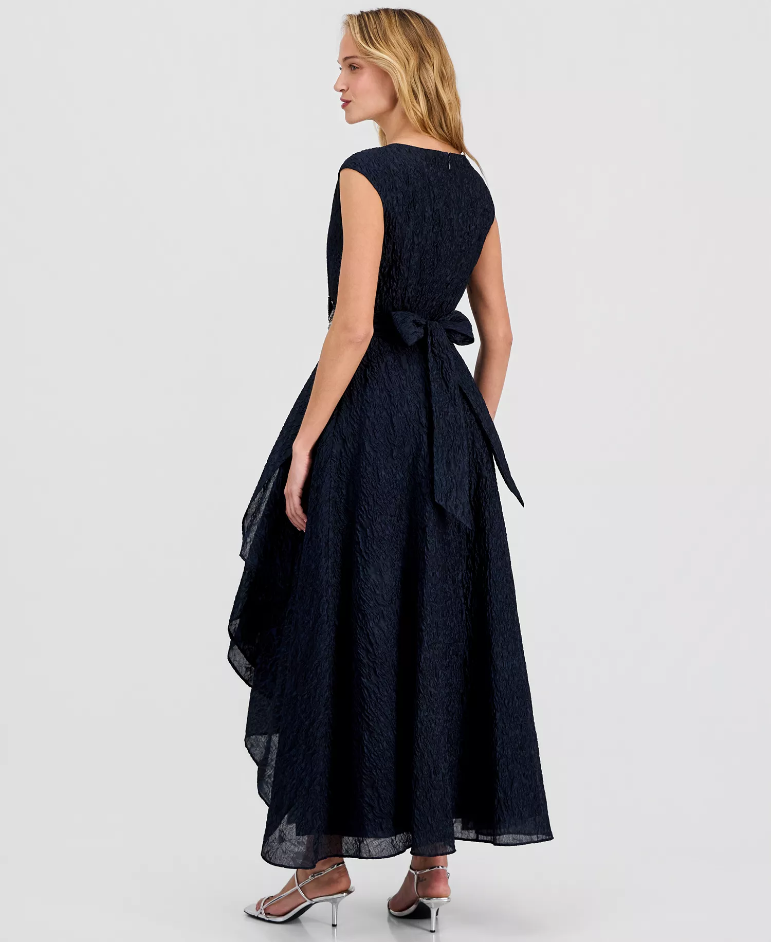 Women's Crinkle Taffeta Beaded Flower Gown - NAVY - 10