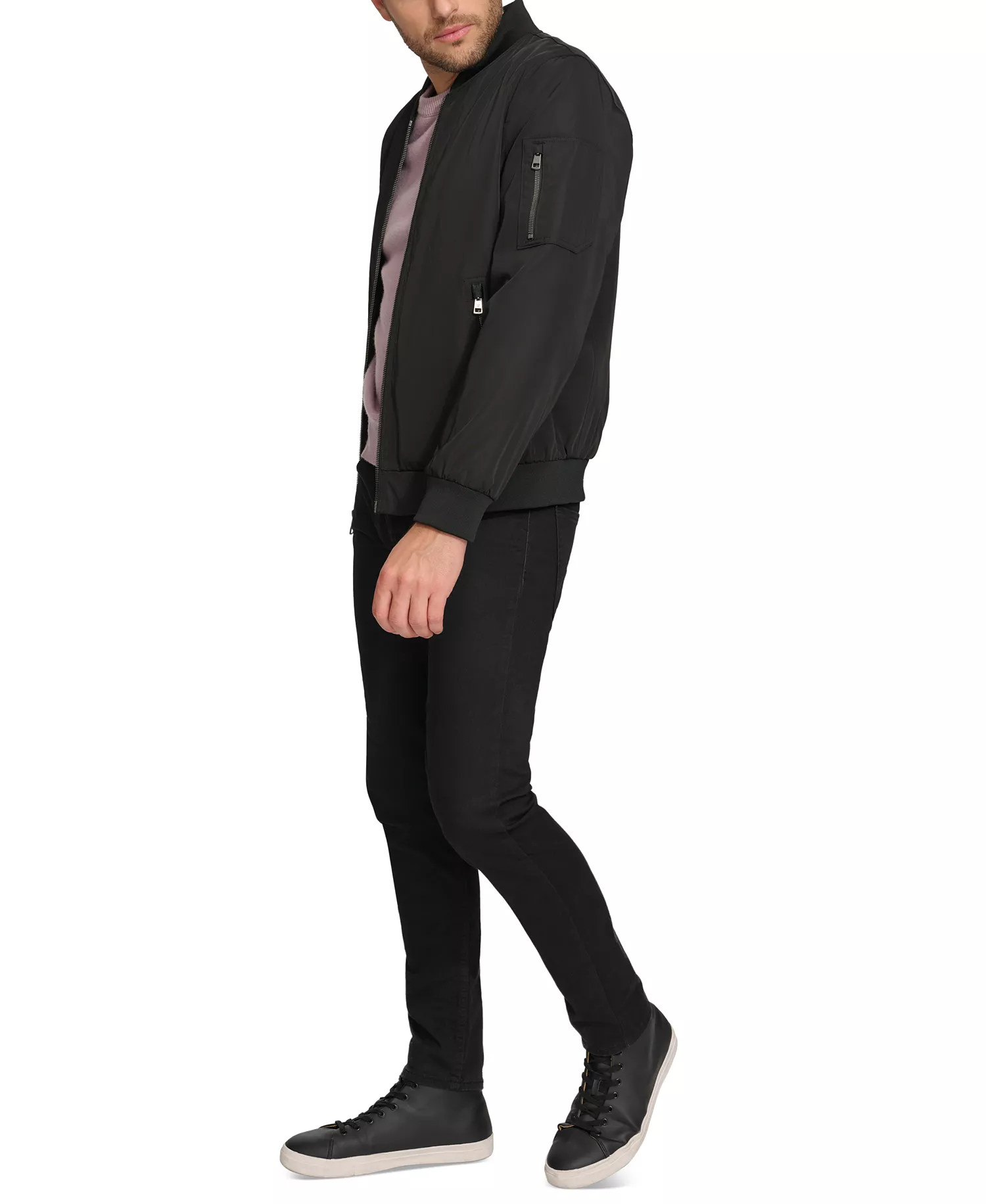 Men's Solid-Color Zipper Flight Jacket - Black - L