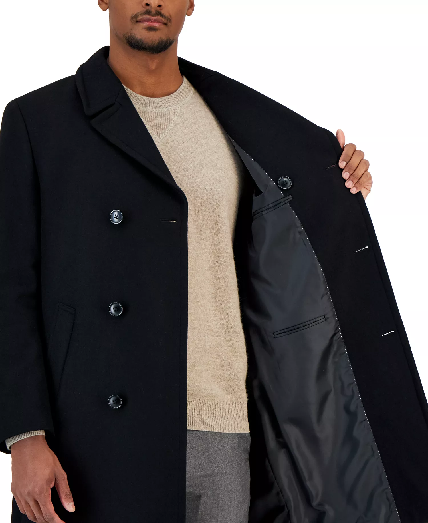 Men's Classic-Fit Double Breasted Wool Overcoat - Black - 40R