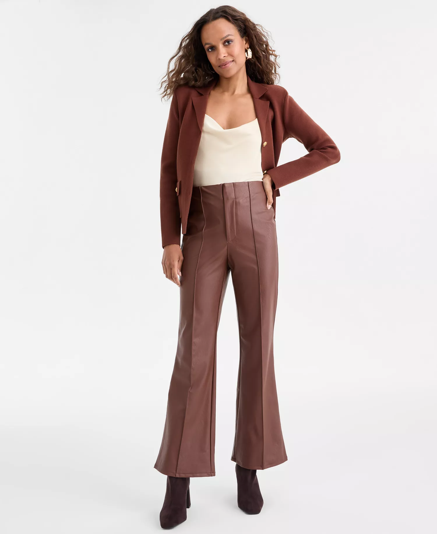 Petite Faux-Leather Flared Pants, Macy's Exclusive  - Moroccan Brown - 14P