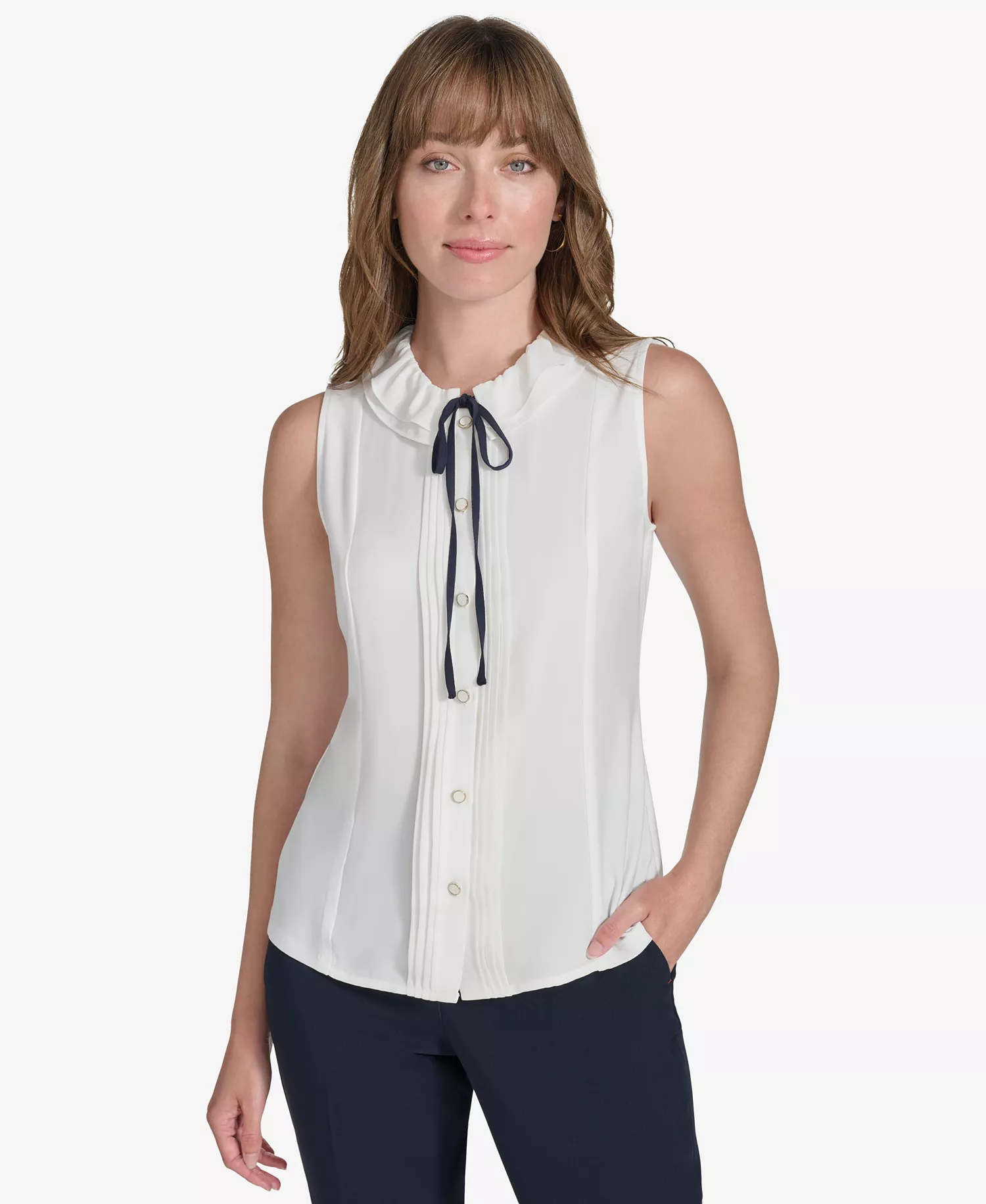 Women's Sleeveless Tie-Neck Blouse - Ivry/midni - XL