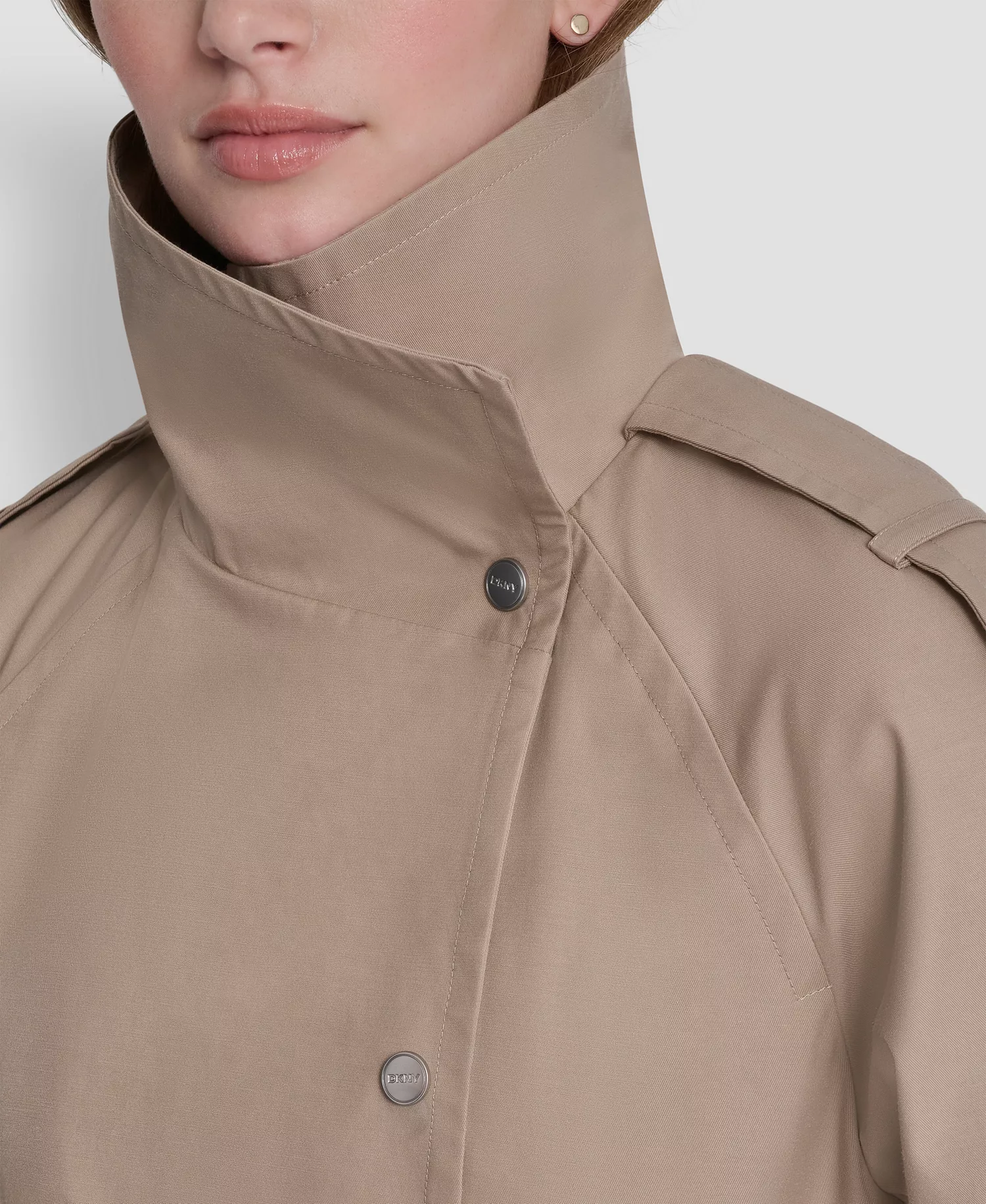 Women's Belted Funnel Collar Long Trench Coat - Khaki - L