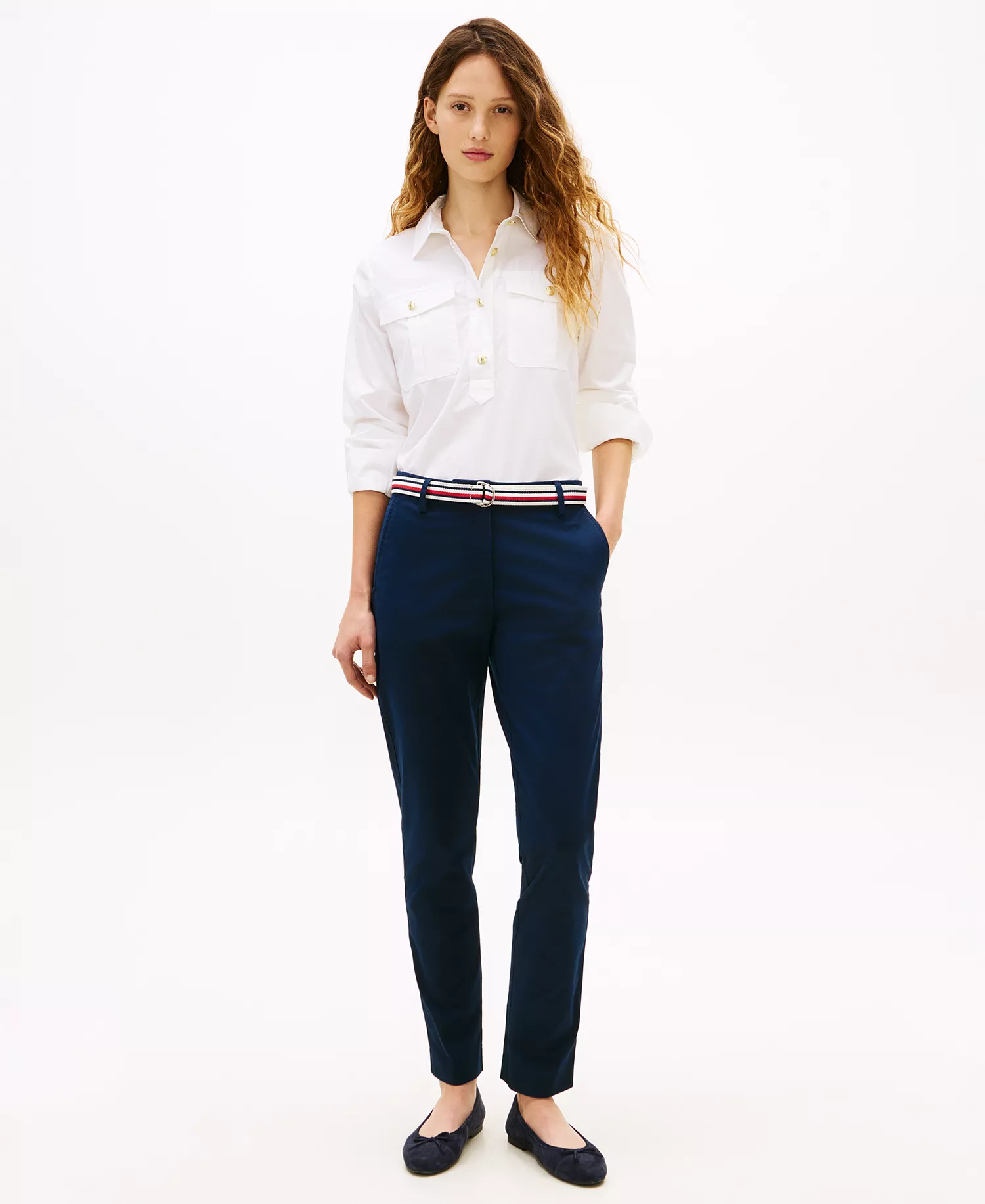 Women's Twill Slim Belted Chinos Pants - Dark Night - 10