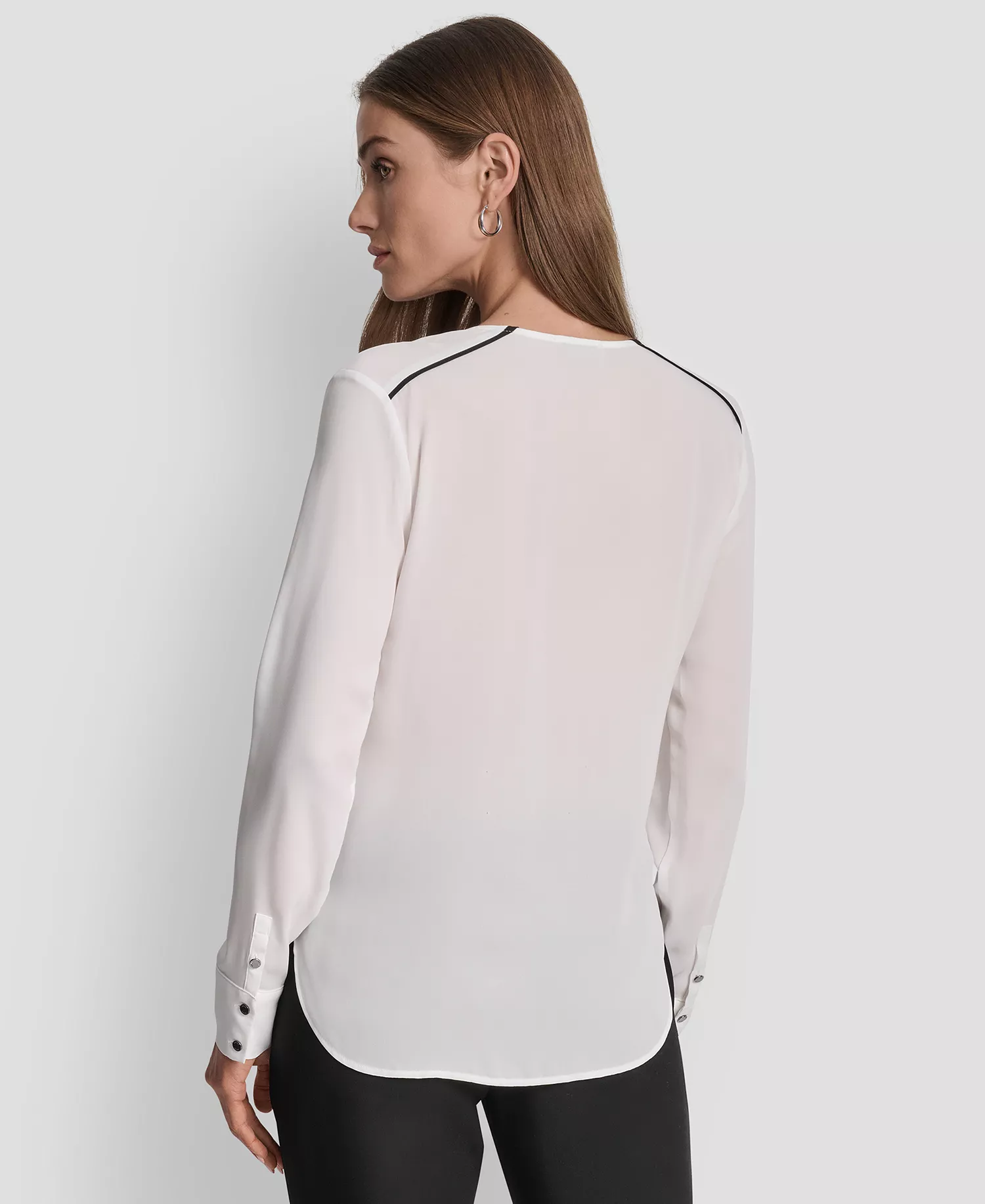 Women's Long Sleeve Trimmed Lapel Blouse, Regular & Petite - Black/ Linen White - L