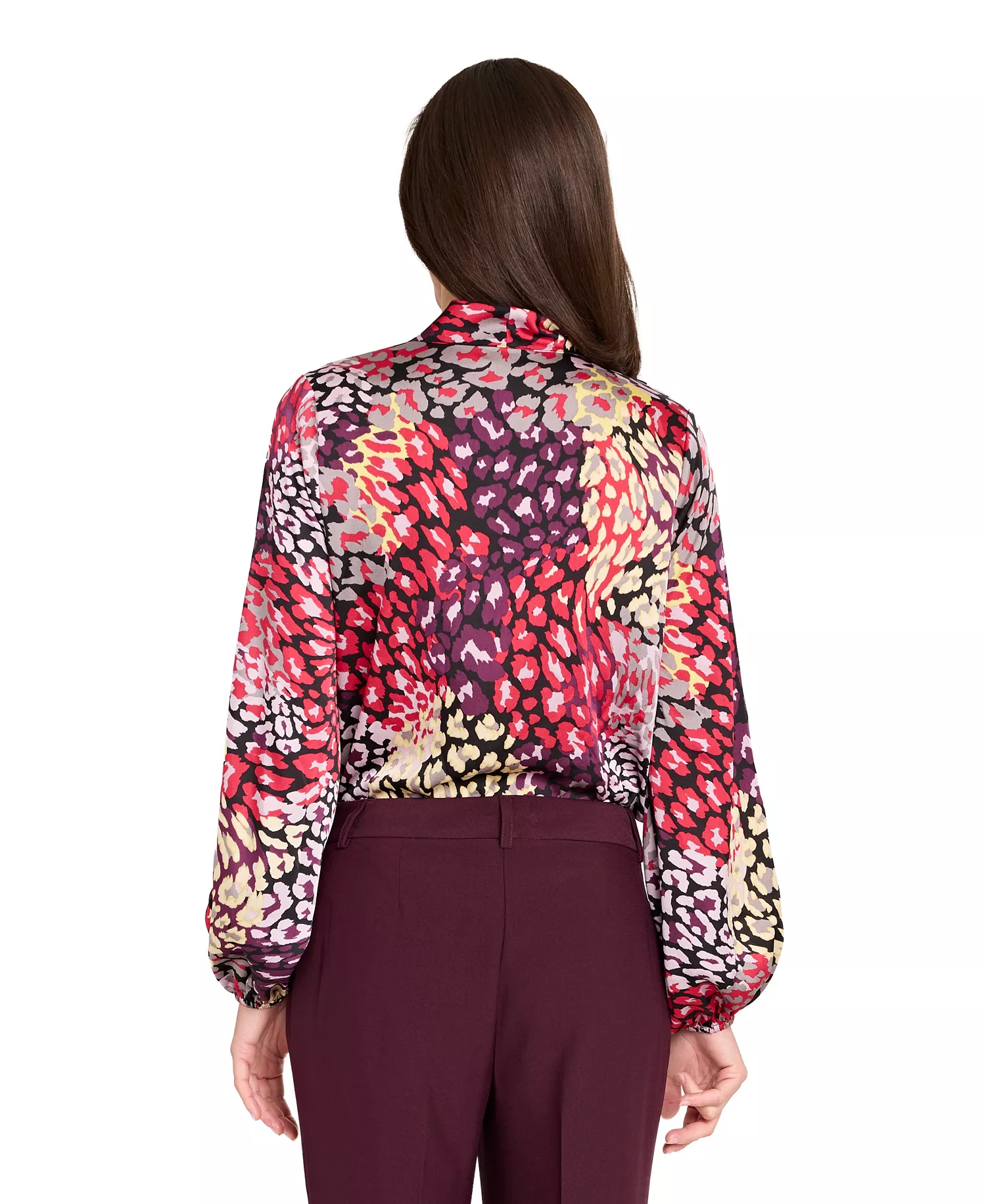 Women's Long Sleeve Bow Tie-Neck Blouse - Multi Leopard - XS