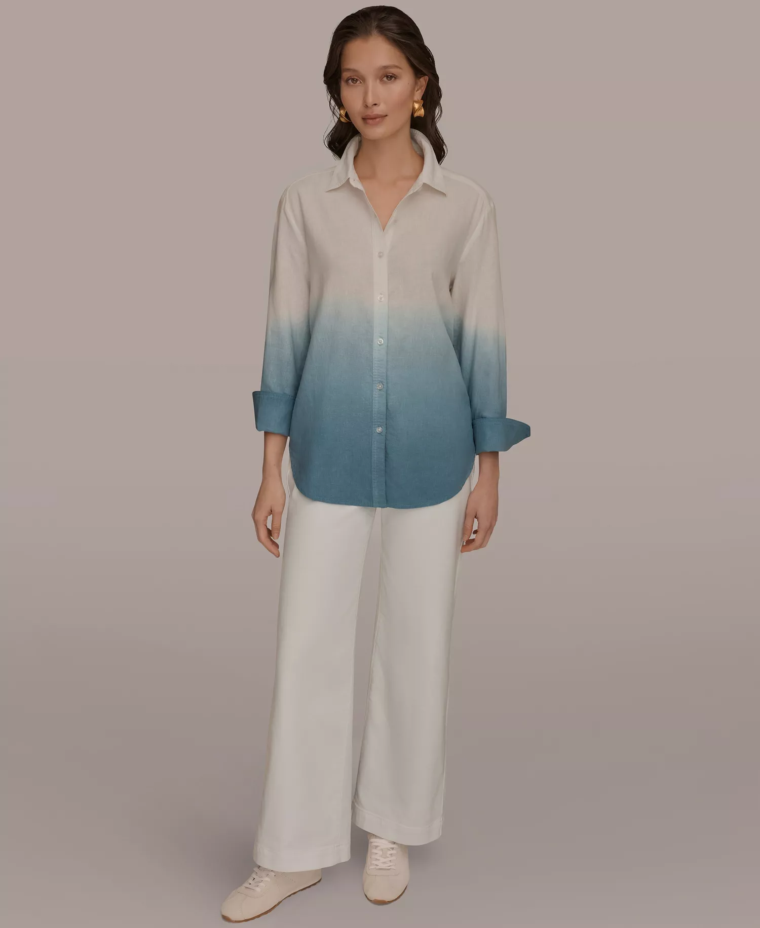 Women's Linen Dip Dye Long Sleeve Button Front Shirt - Washed Indigo Dip Dye - L