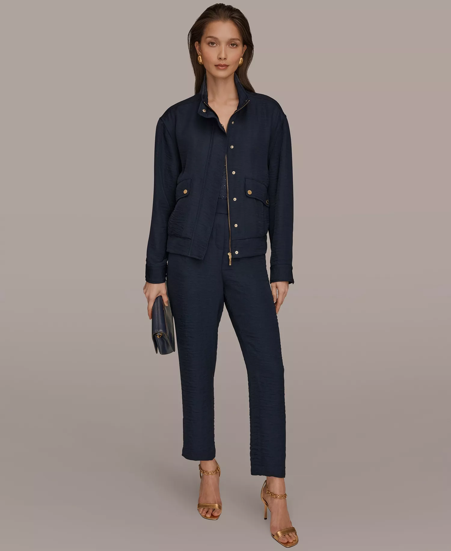 Women's Zip-Up Jacket, Cowl Neck Top and Pleated Straight Pants - Nightfall - L