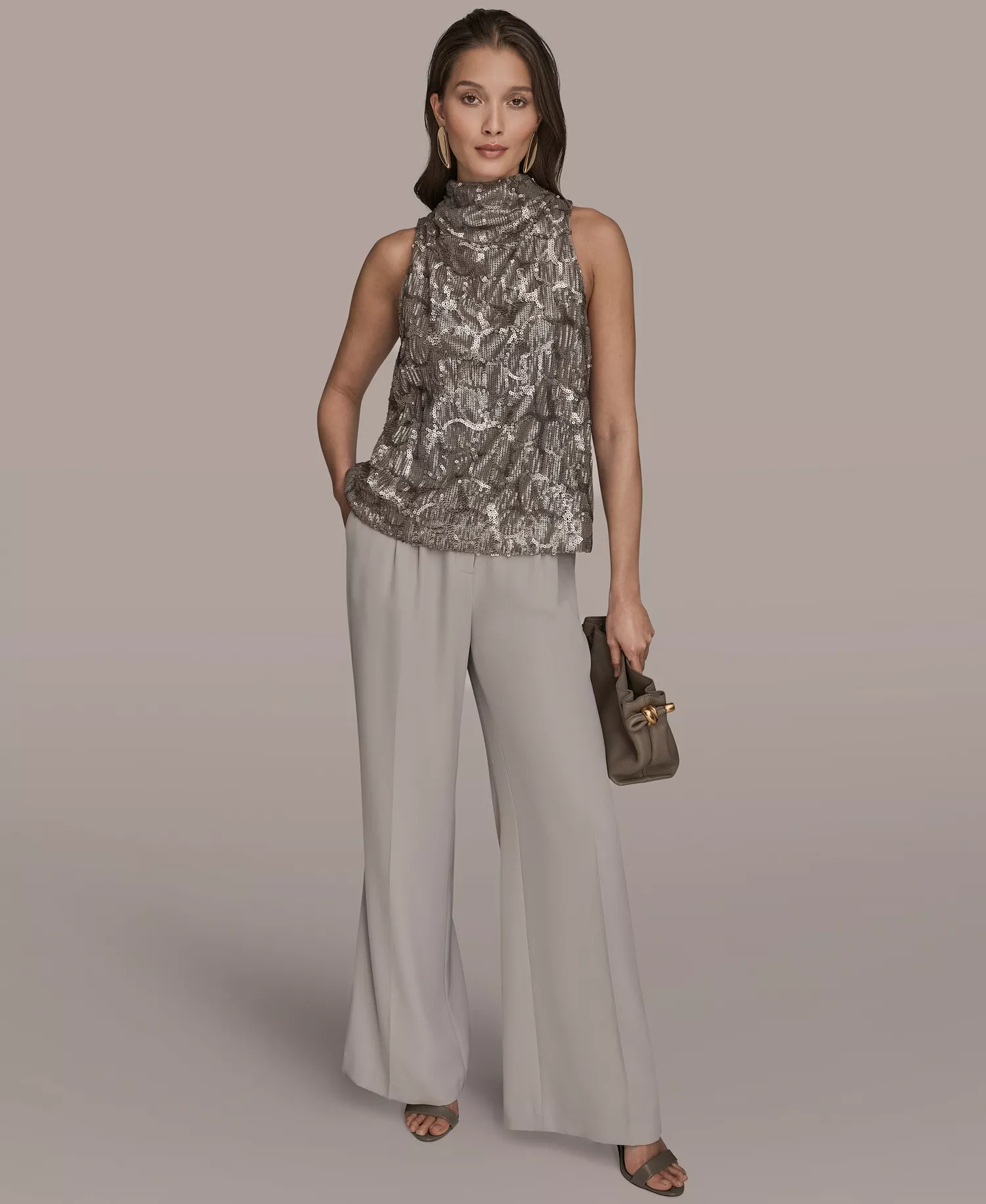 Women's Sequined Cowl Neck Top - Antique Silver - L