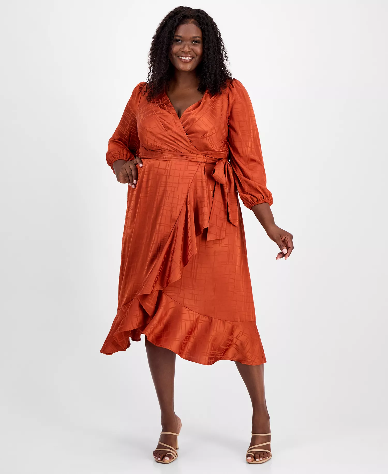 Plus Size Surplice V-Neck Belted Midi Dress - Persimmon - 14W