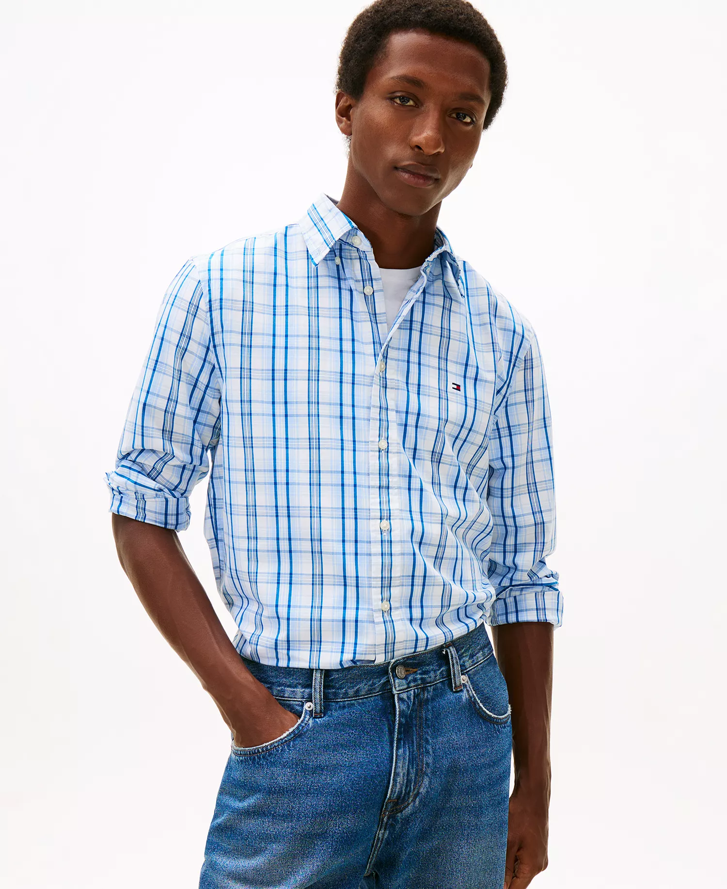 Men's Flex Poplin Medium Check Shirt - White / Check - L