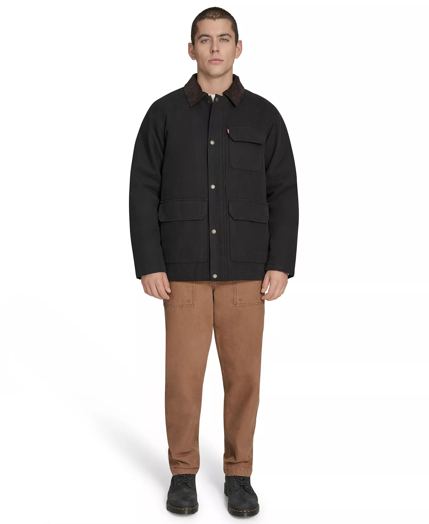 Men's Cotton Canvas with Corduroy Collar Barn Jacket  - Black - S