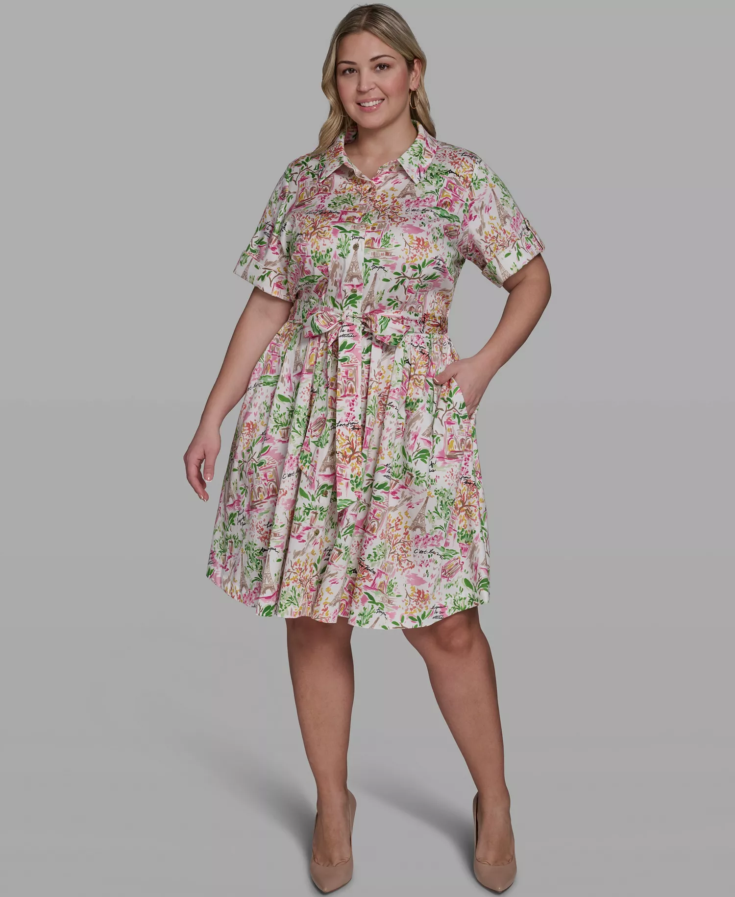 Plus Size Printed Collared Dress - Soft Whtie/Pink Multi - 14W