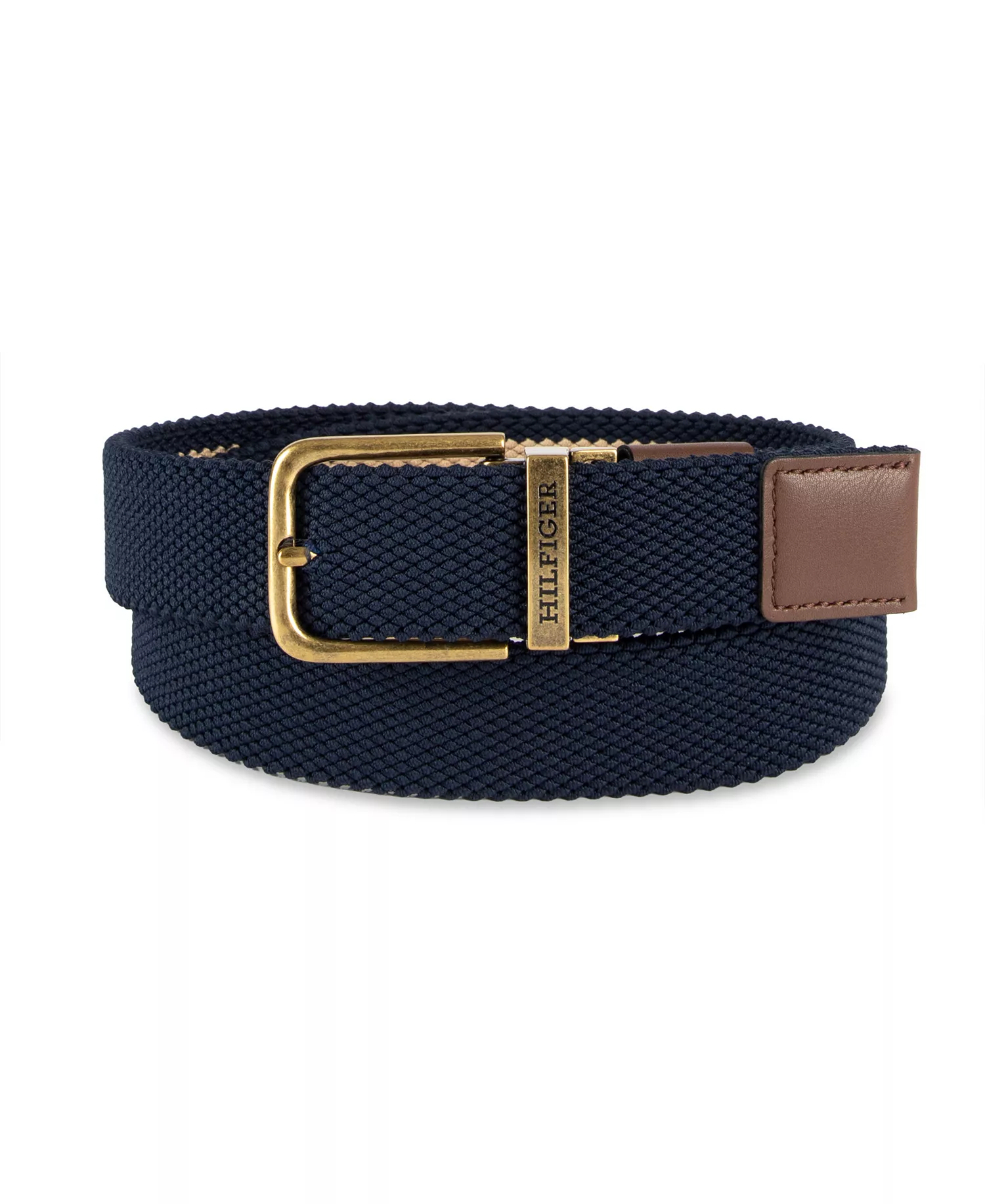 Men's Two-In-One Reversible Striped Stretch Cord Belt - Tan/Navy - L (38-40)