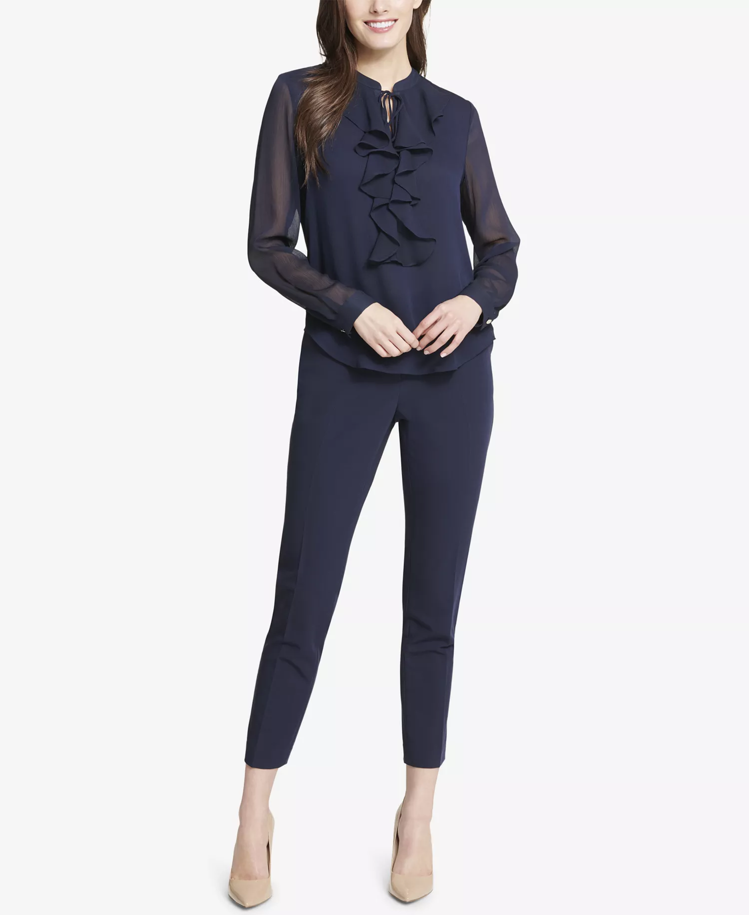 Women’s Ruffled Tie-Neck Blouse - Dark Blue - M