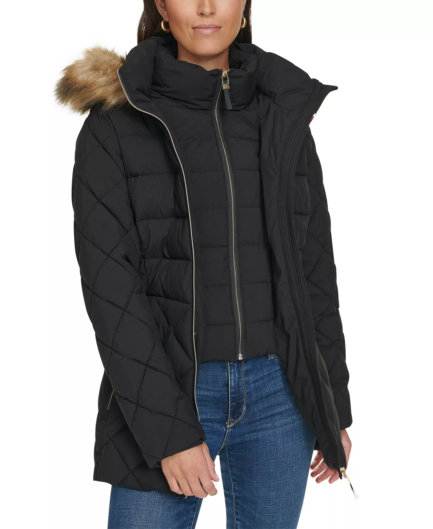 Women's Bibbed Faux-Fur-Trim Hooded Puffer Coat, Created for Macy's - Black - L