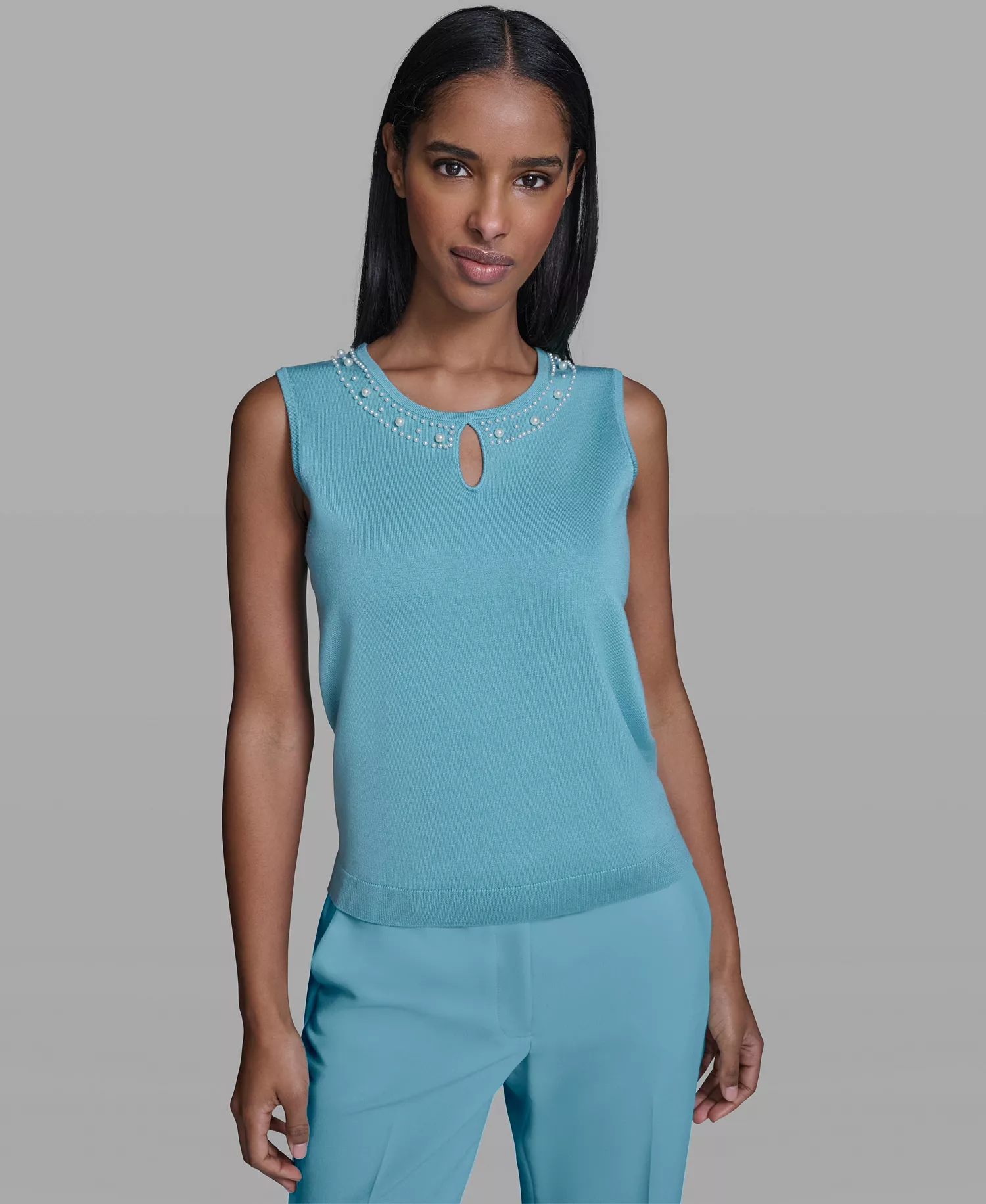 Women's Pearl-Detail Keyhole Sleeveless Sweater - Aqua Mist - L