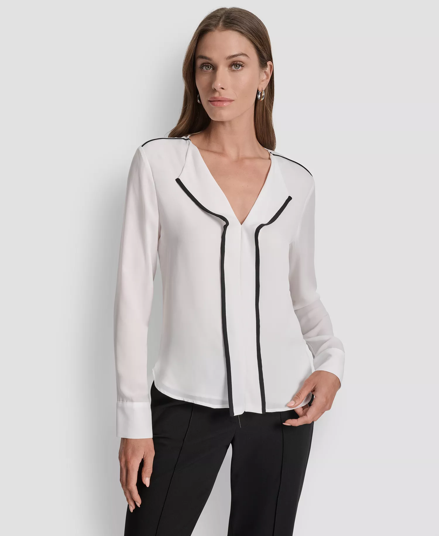 Women's Long Sleeve Trimmed Lapel Blouse, Regular & Petite - Black/ Linen White - L