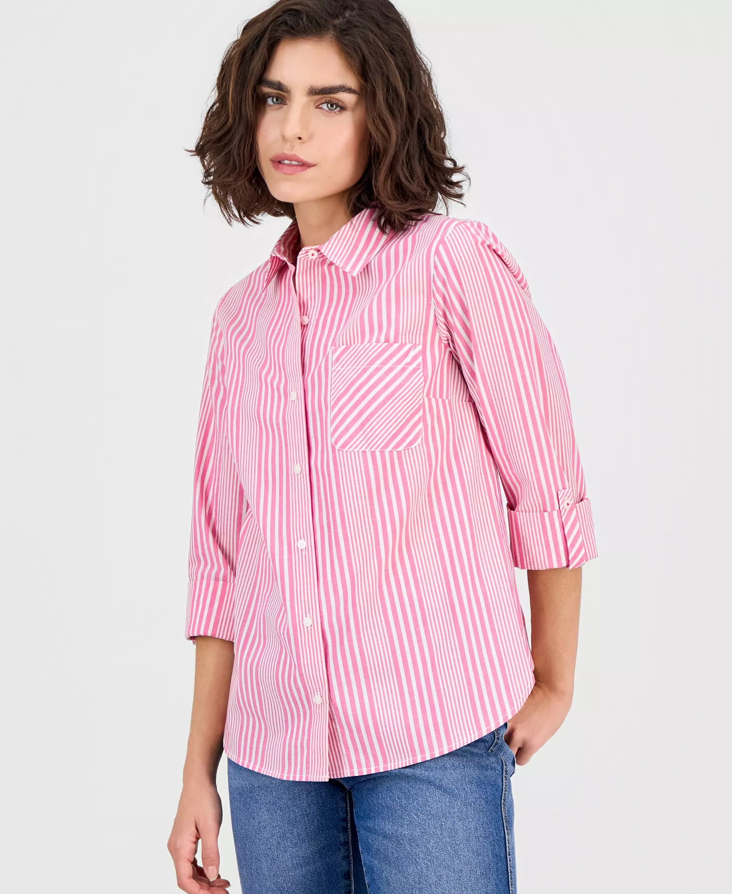 Nautica Women's Springfield Stripe Roll-Tab Shirt - Aster Pink Multi - L