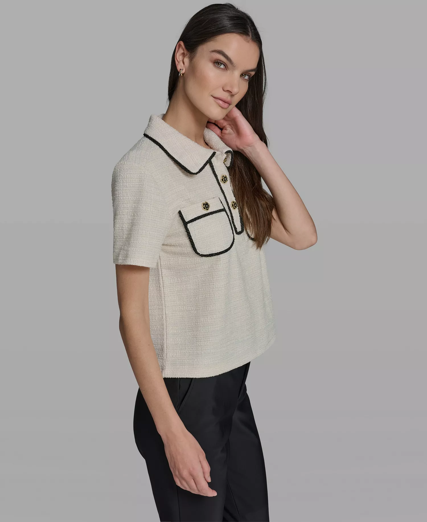 Women's Knit Henley with Framing Collared Top - Bisque - L