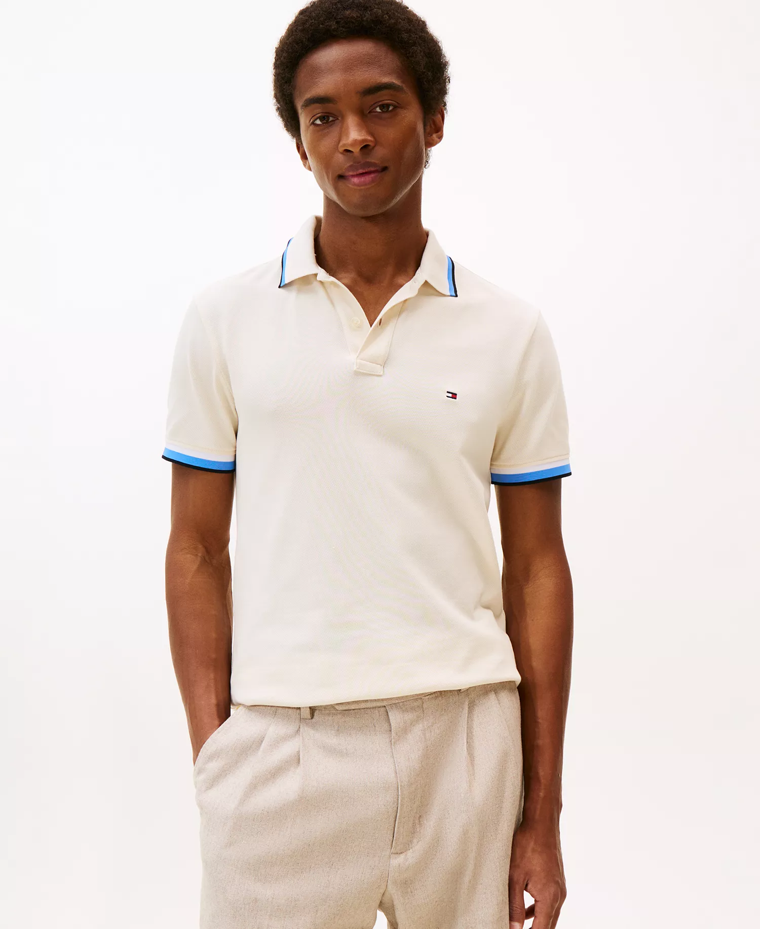 Men's Slim-Fit Tipped Polo Shirt - Ivory Petal - M