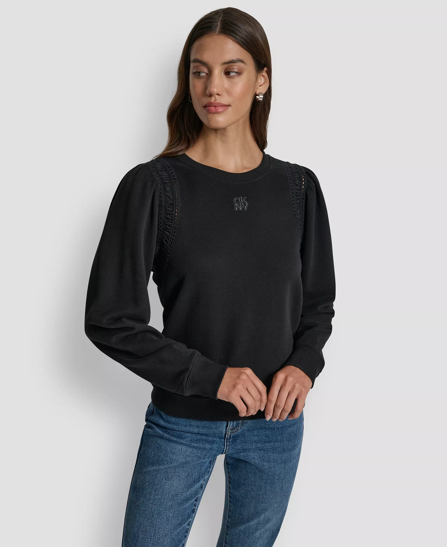 Women's Lace Detail Crew Neck Sweatshirt - Black - L