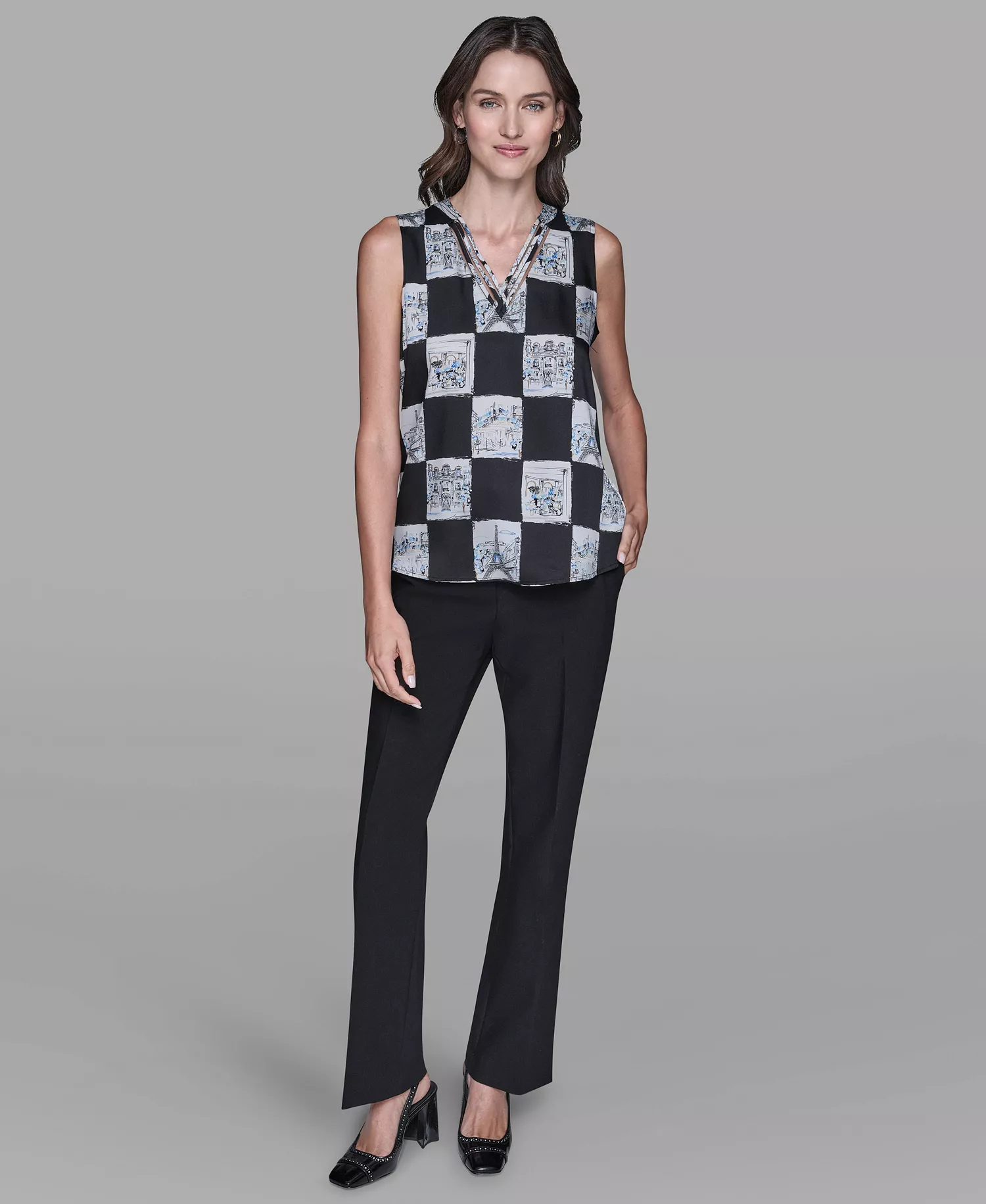 Women's Sleeveless Printed V-Neck Top - Black Combo - L