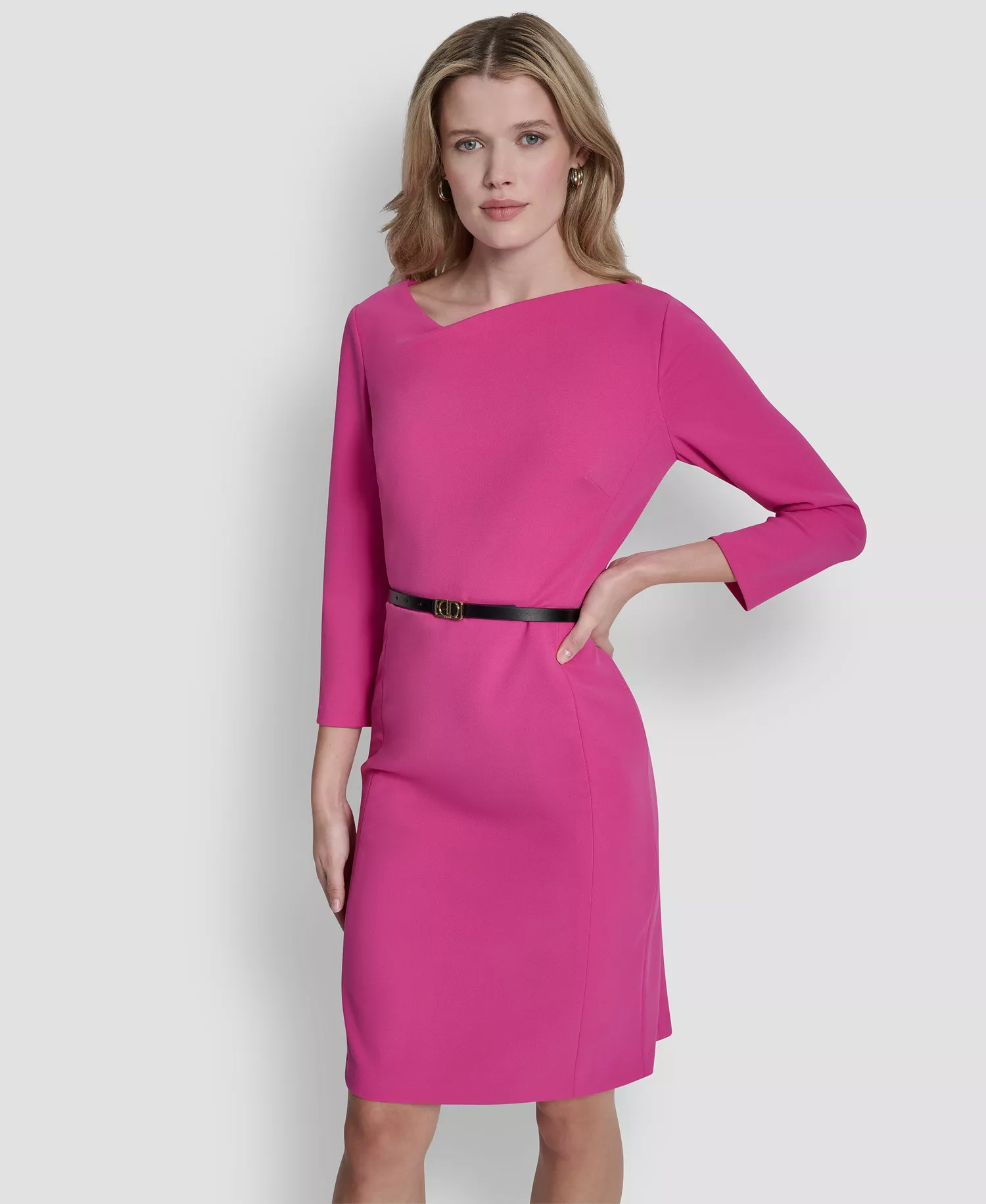 Petite Asymmetrical Neck 3/4-Length Dress - Rose Voilet - 10P