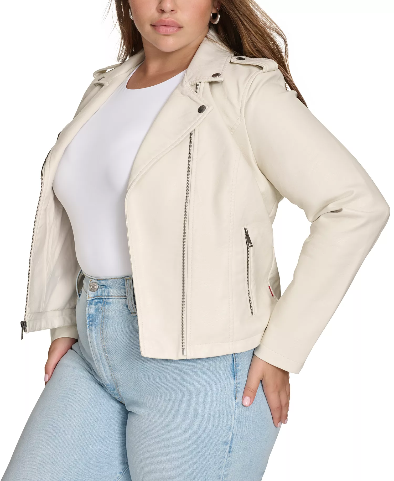 Plus Size Trendy Faux Leather Moto Jacket - Oyster - 2X