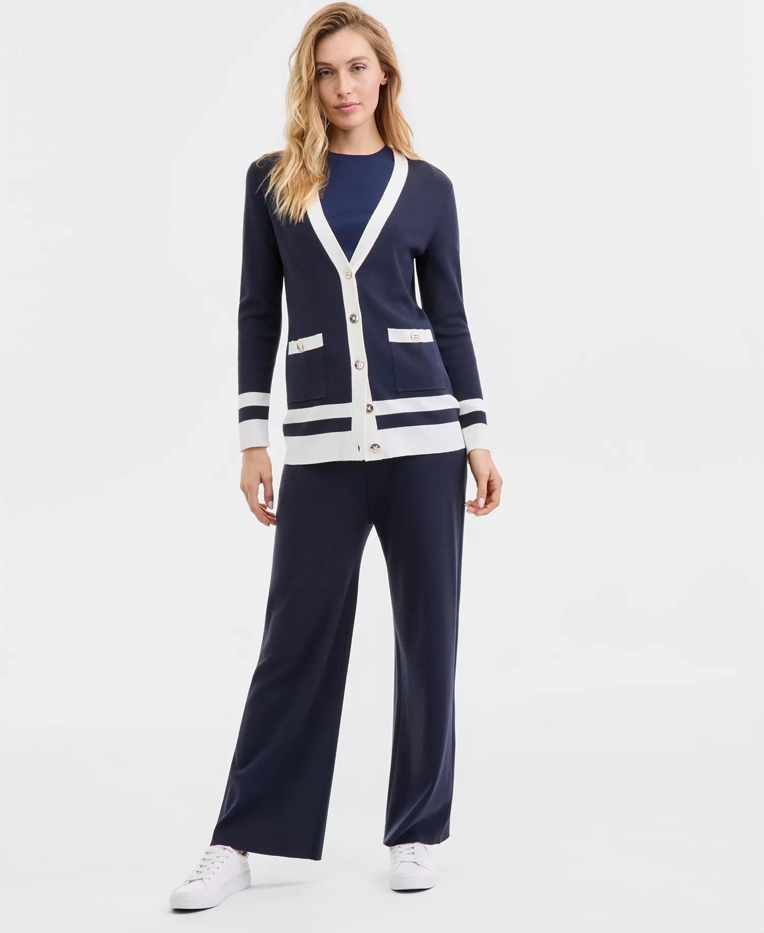 Nautica Women's Long V-Neck Cardigan Sweater - Night Sky/ Ivory - L