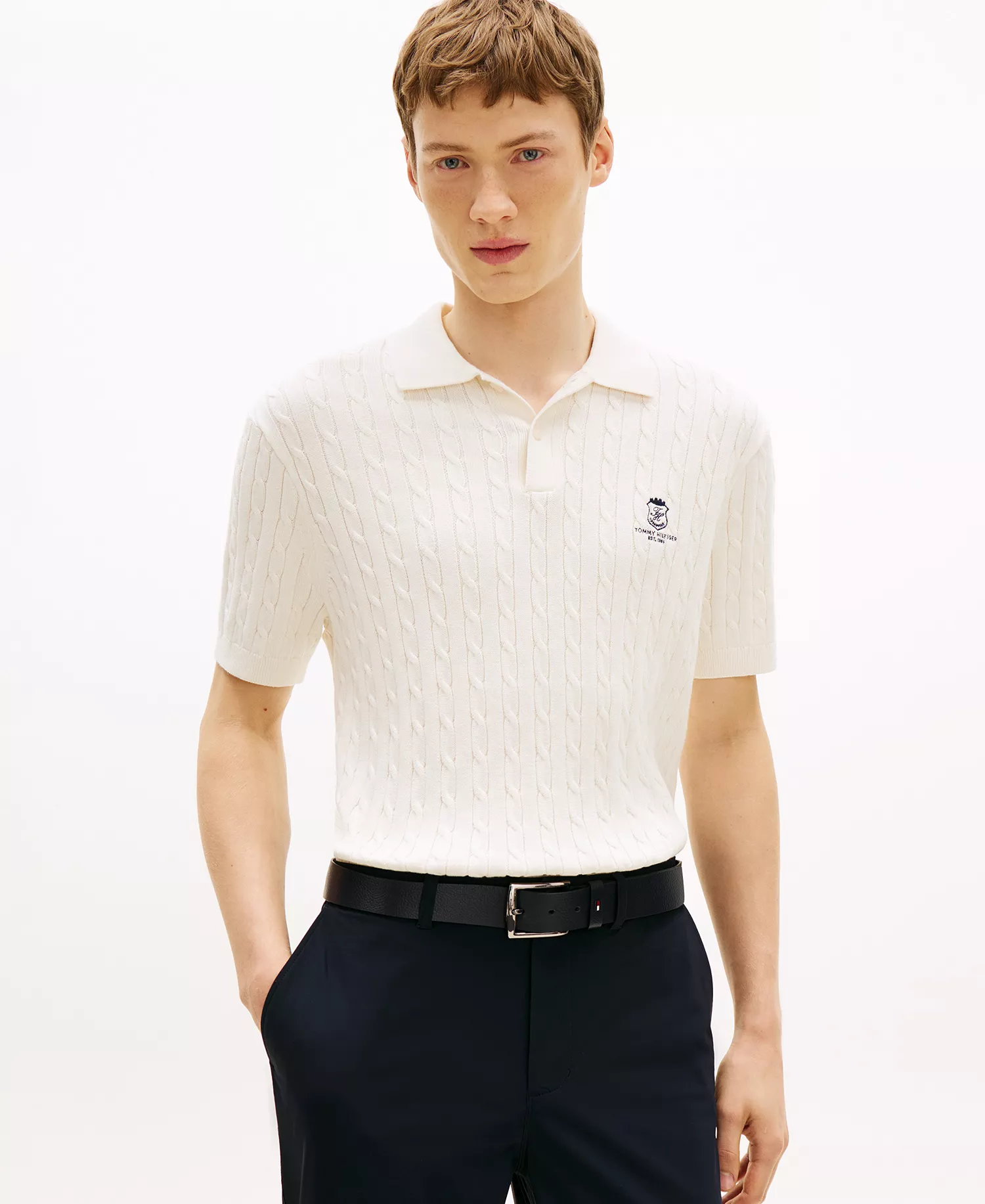 Men's Cable Knit Short-Sleeve Polo Shirt - Ivory Petal - L