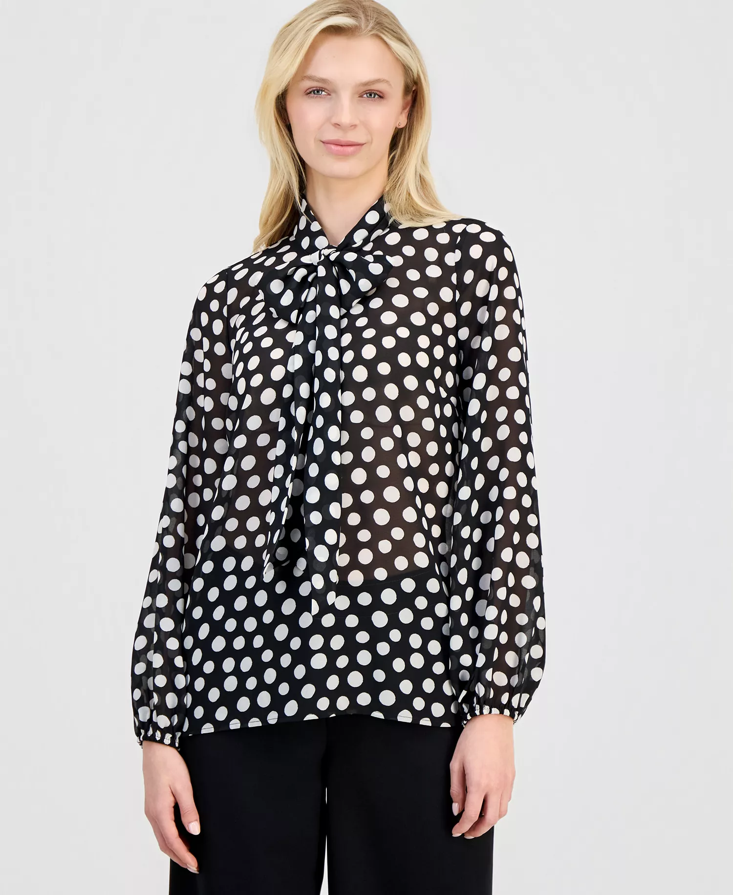 Women's Printed Long-Sleeve Bow Blouse - Black White - L