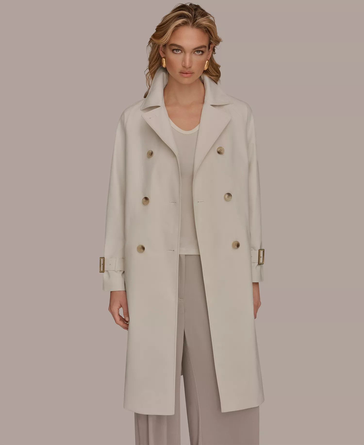 Women's Double Breasted Belted Notch Collar Trench Coat - Cream - L