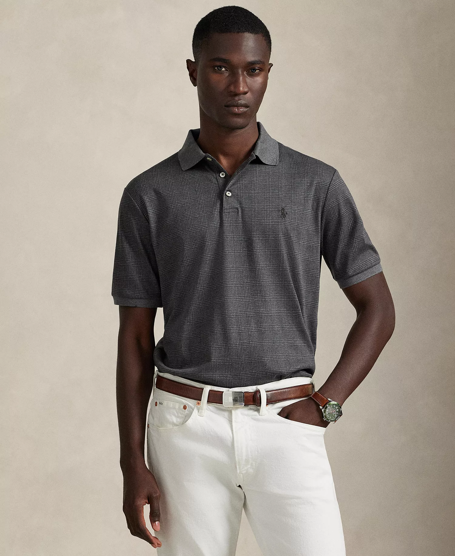 Men's Glen Plaid Polo Shirt - Med Flannel Heather - 2XL