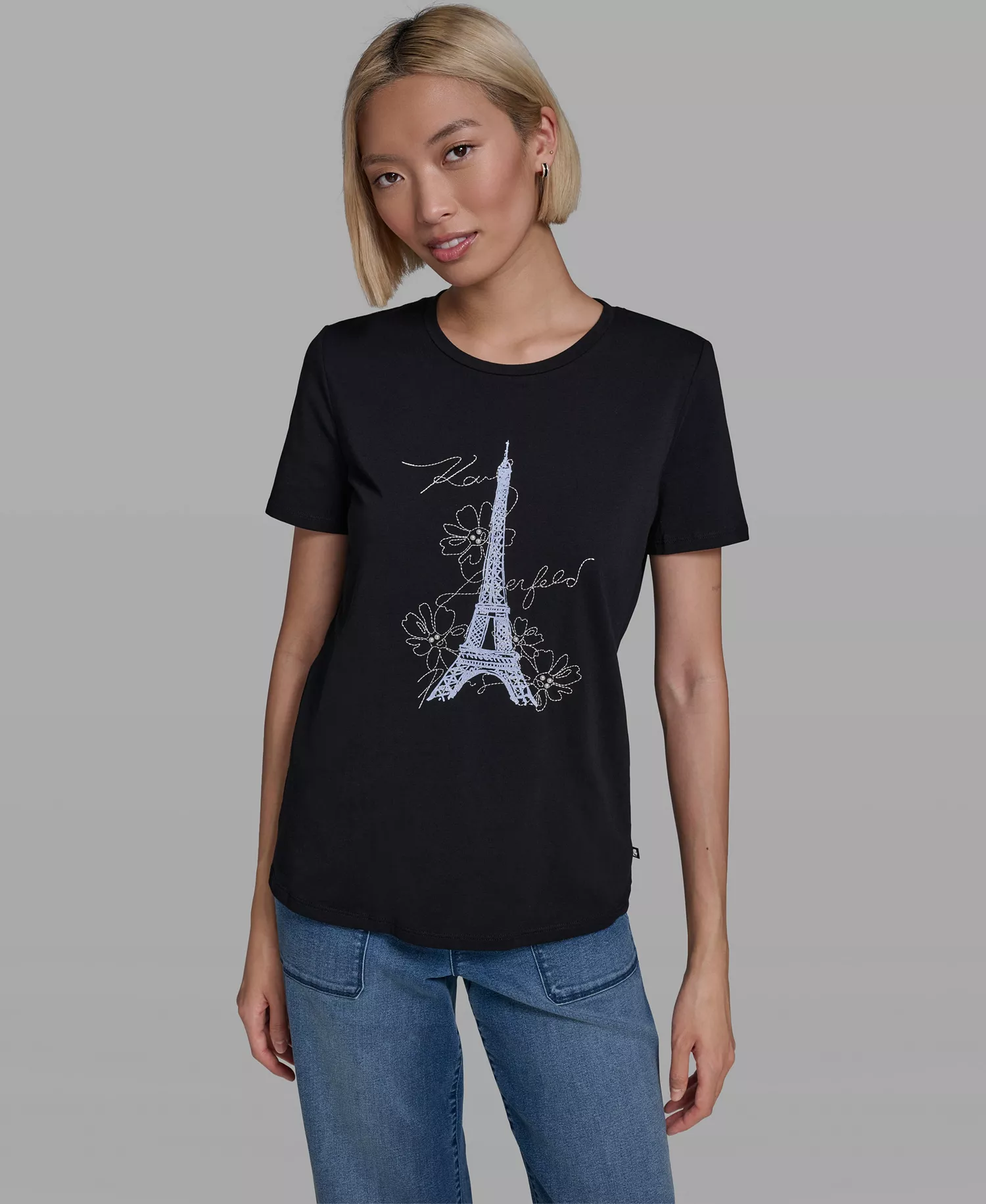 Women's Crew Neck Eiffel Tower T-Shirt - Black - L