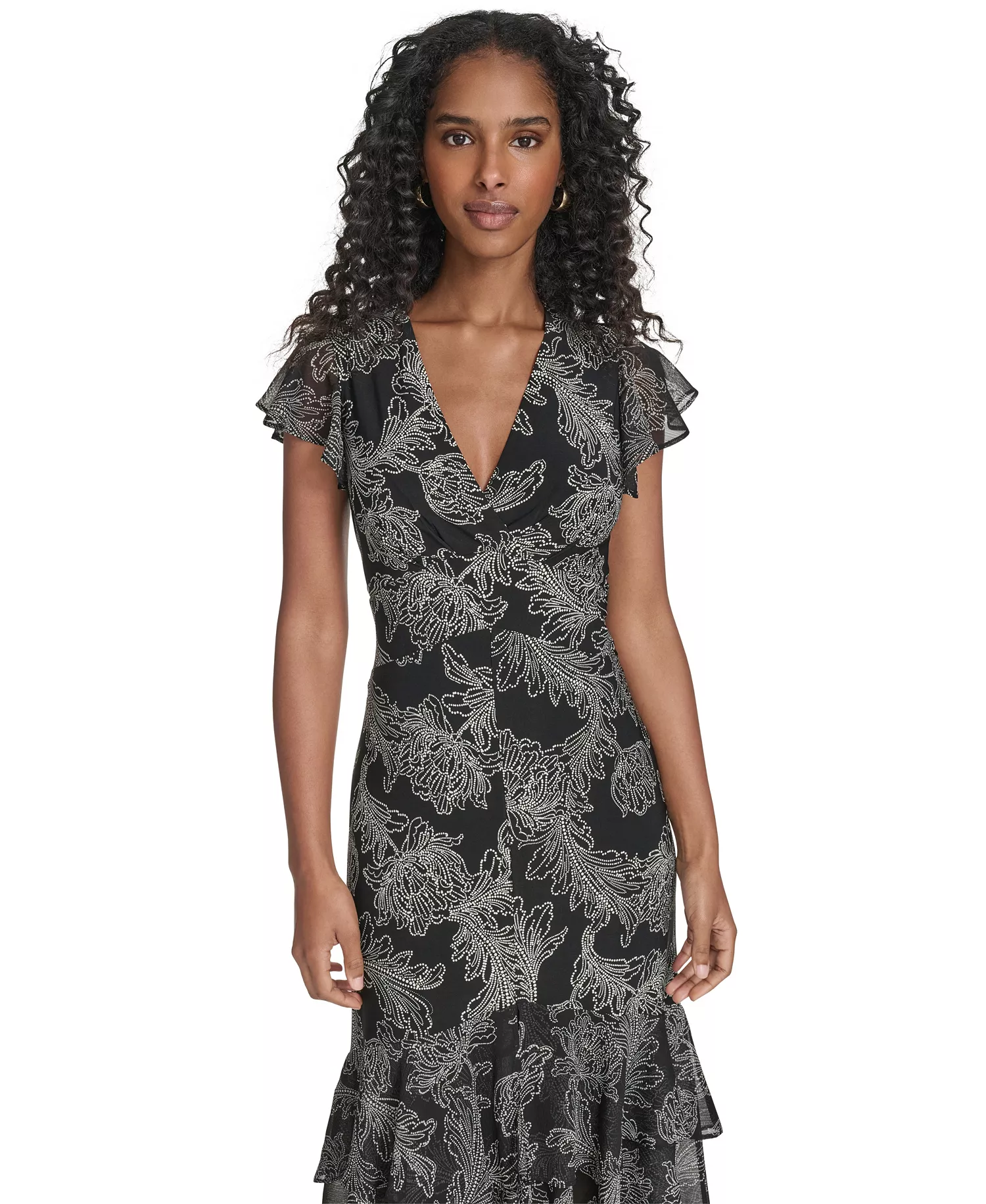 Petite Printed Midi Dress - Black/Ivory - 10P